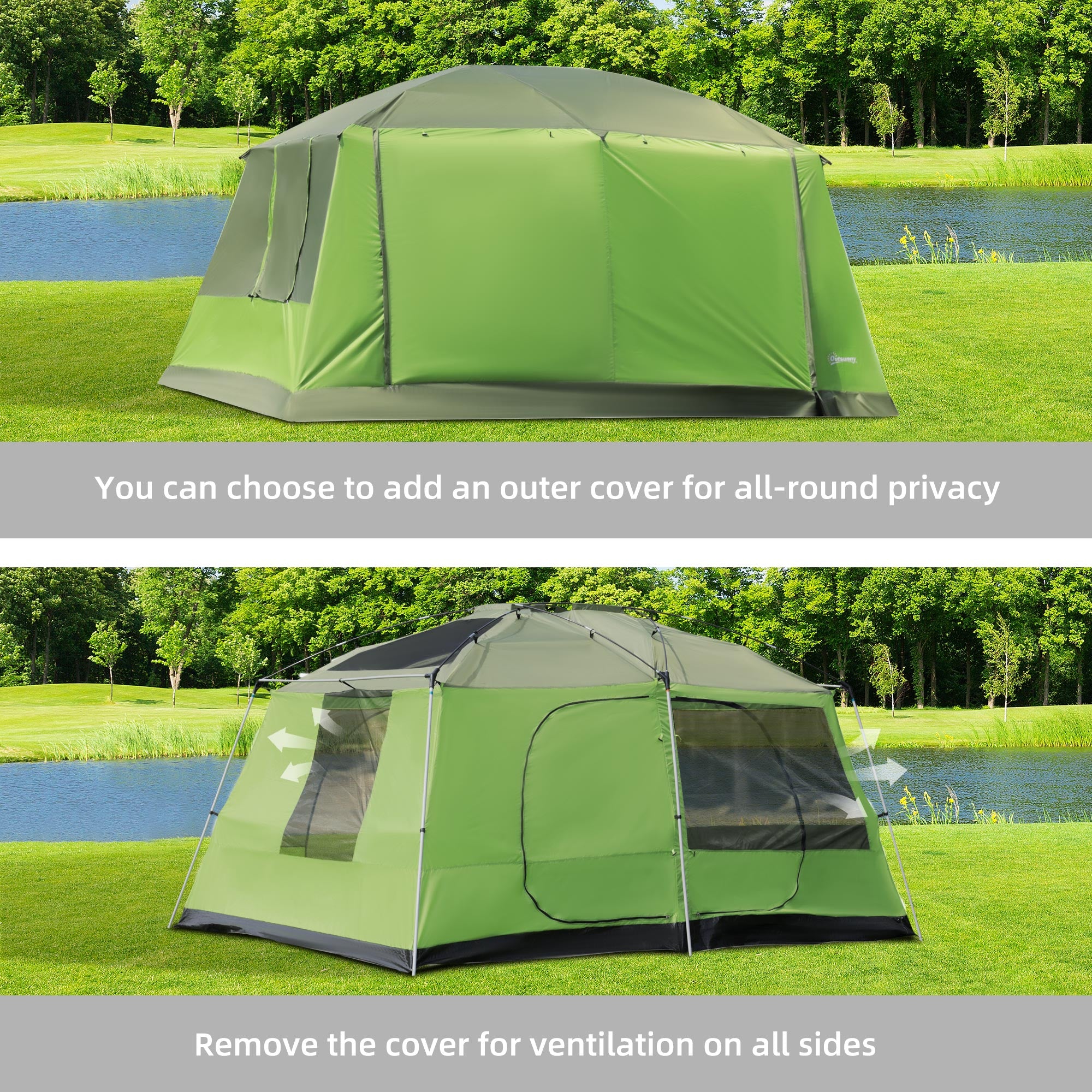 Outsunny 4-8 Person Camping Tent with 2 Room and Porch, 2000mm Waterproof, Dome Tent with Mesh Windows, Zipped Doors, Lamp Hook & Carry Bag for Fishing Hiking Festival, Green