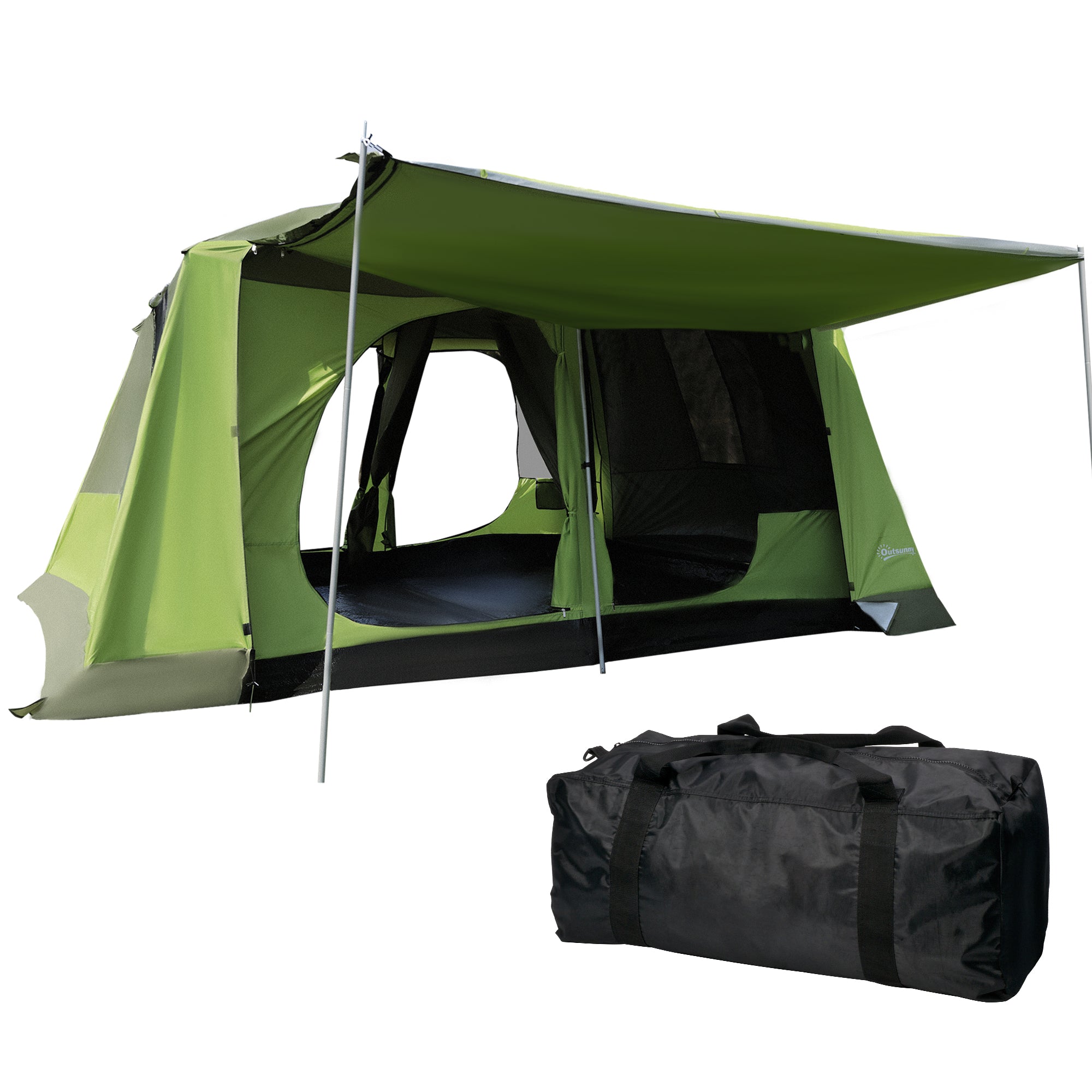 Outsunny 4-8 Person Camping Tent with 2 Room and Porch, 2000mm Waterproof, Dome Tent with Mesh Windows, Zipped Doors, Lamp Hook & Carry Bag for Fishing Hiking Festival, Green