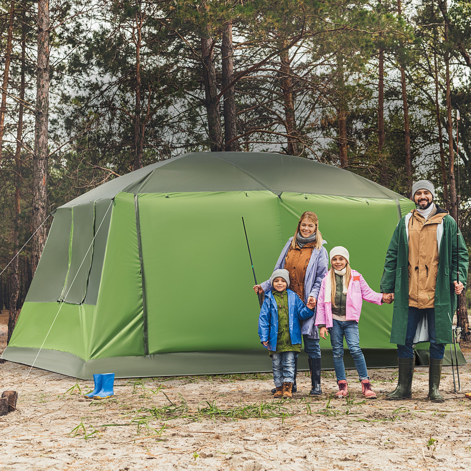 Outsunny 4-8 Person Camping Tent with 2 Room and Porch, 2000mm Waterproof, Dome Tent with Mesh Windows, Zipped Doors, Lamp Hook & Carry Bag for Fishing Hiking Festival, Green