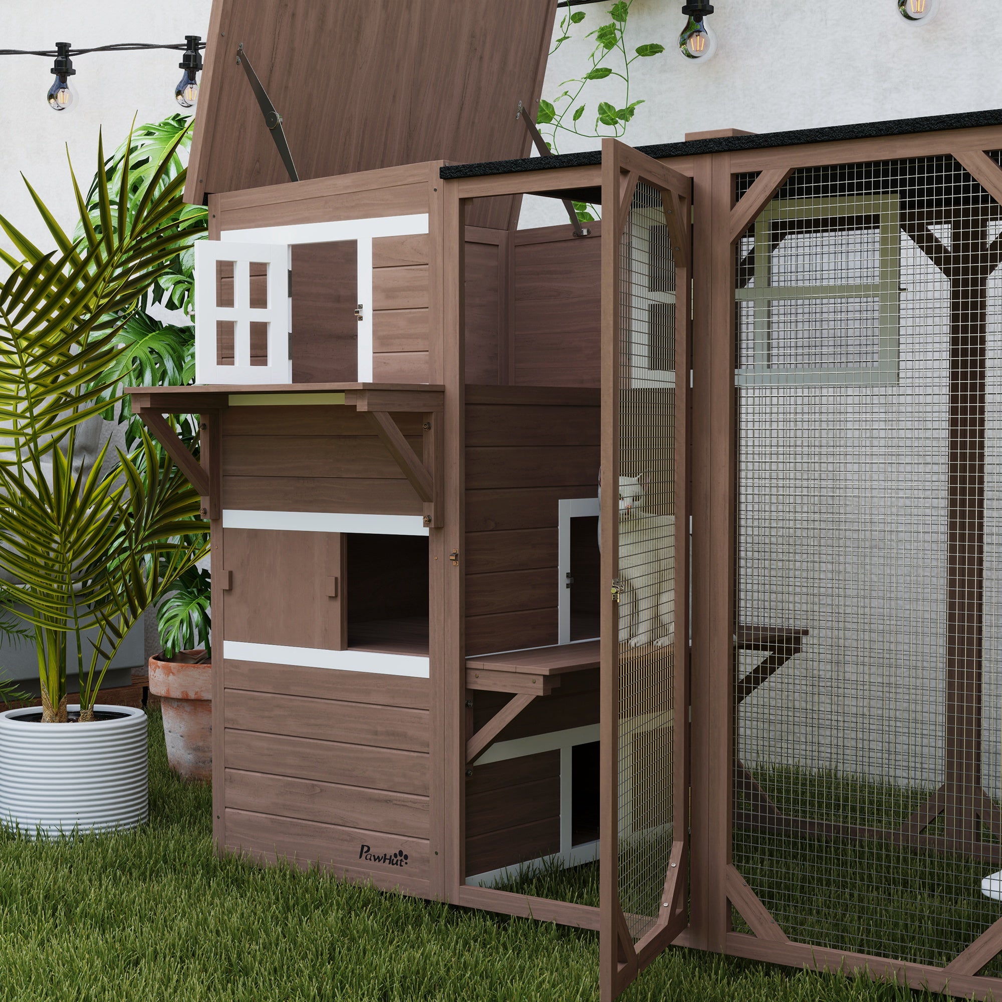PawHut Wooden Cat Catio, 76"L Walk in Outdoor Cat House with Asphalt Roof, Platforms, Lockable Doors, 3-tier Resting Condo, Observation Window, for 2-3 Cats, Brown