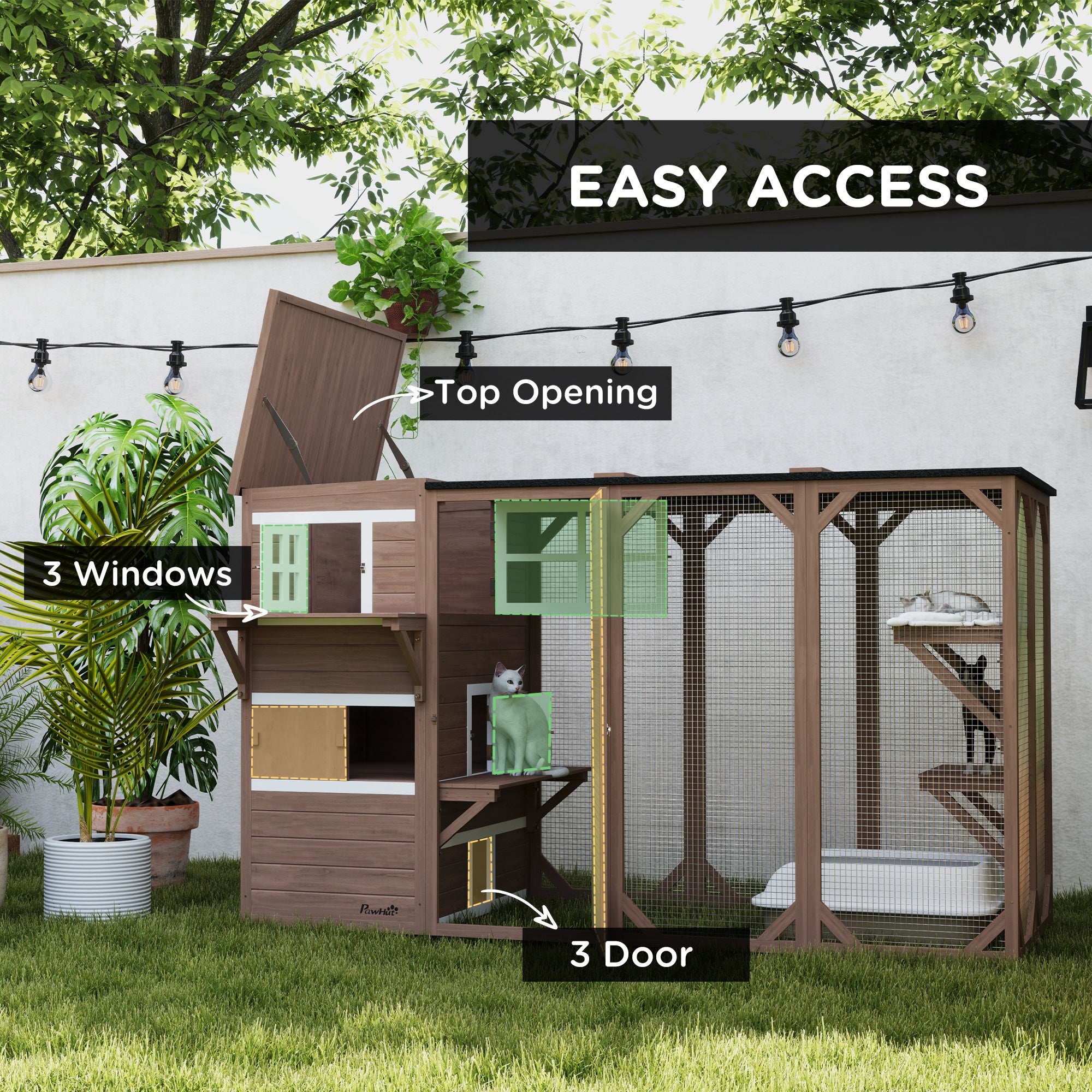 PawHut Catio Outdoor Cat Enclosure, Large Wood Kitten Cat House Enclosure with 3-Level Design, Weatherproof Roof, Big Hiding Areas, Multiple Platforms, Resting Box, 45"H, Brown