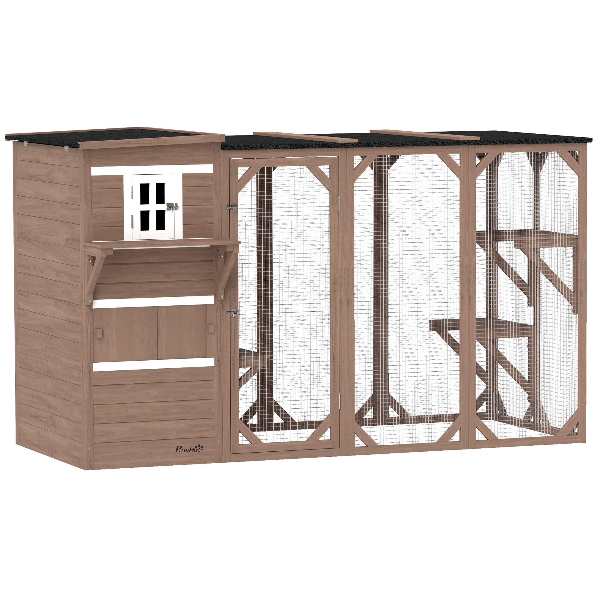 PawHut Wooden Cat Catio, 76"L Walk in Outdoor Cat House with Asphalt Roof, Platforms, Lockable Doors, 3-tier Resting Condo, Observation Window, for 2-3 Cats, Brown