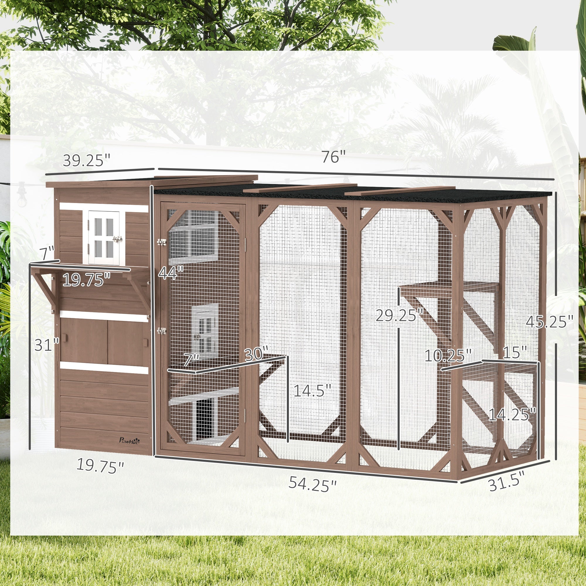 PawHut Catio Outdoor Cat Enclosure, Large Wood Kitten Cat House Enclosure with 3-Level Design, Weatherproof Roof, Big Hiding Areas, Multiple Platforms, Resting Box, 45"H, Brown