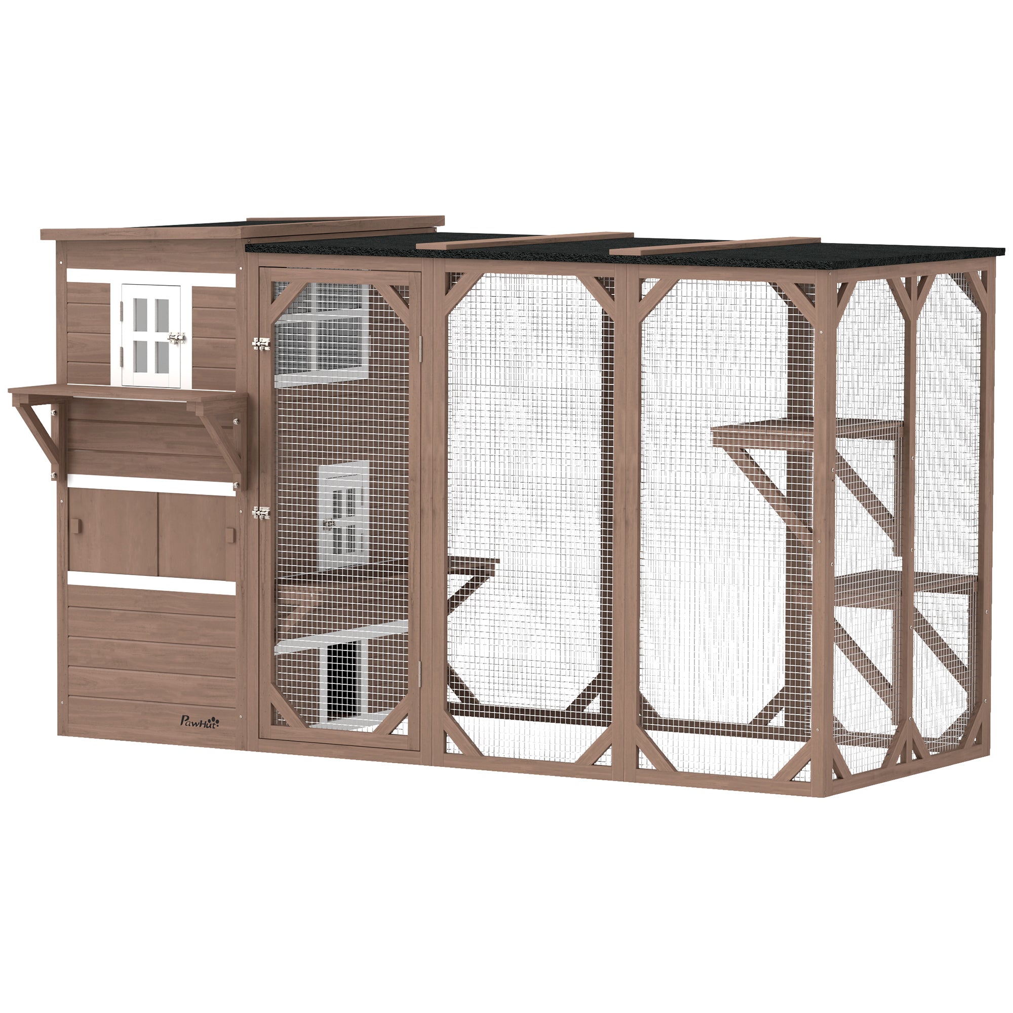 PawHut Wooden Cat Catio, 76"L Walk in Outdoor Cat House with Asphalt Roof, Platforms, Lockable Doors, 3-tier Resting Condo, Observation Window, for 2-3 Cats, Brown