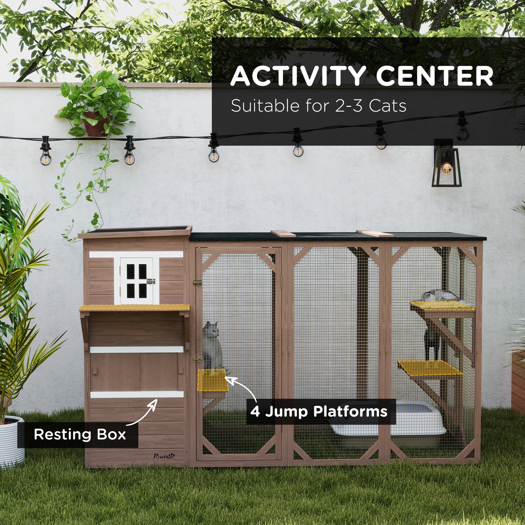 PawHut Catio Outdoor Cat Enclosure, Large Wood Kitten Cat House Enclosure with 3-Level Design, Weatherproof Roof, Big Hiding Areas, Multiple Platforms, Resting Box, 45"H, Brown