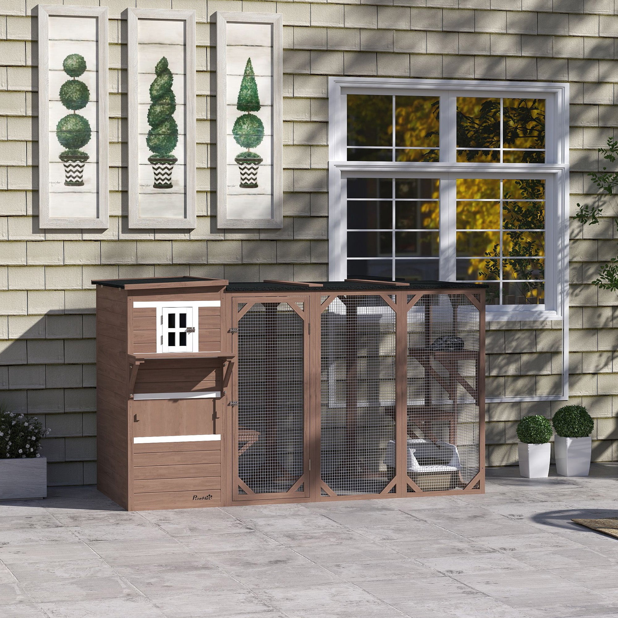 PawHut Wooden Cat Catio, 76"L Walk in Outdoor Cat House with Asphalt Roof, Platforms, Lockable Doors, 3-tier Resting Condo, Observation Window, for 2-3 Cats, Brown