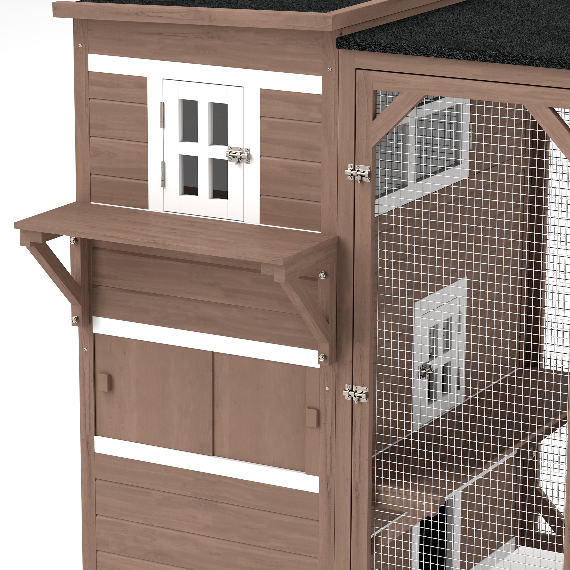 PawHut Wooden Cat Catio, 76"L Walk in Outdoor Cat House with Asphalt Roof, Platforms, Lockable Doors, 3-tier Resting Condo, Observation Window, for 2-3 Cats, Brown