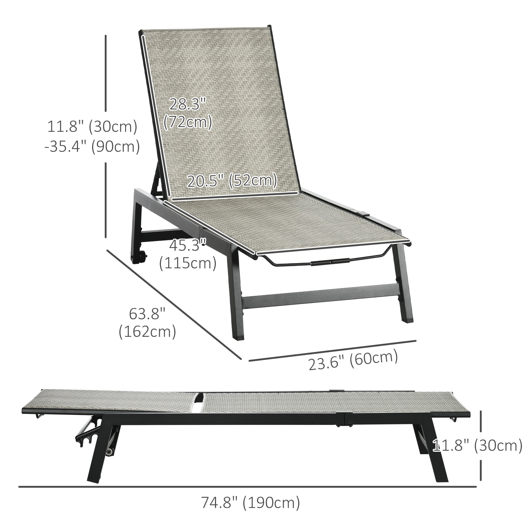 Outsunny Patio Lounger Chair, Outdoor Steel Frame PE Rattan Wicker Sun Lounger w/ 5-Position Backrest and Wheels for Sun Room, Garden, Poolside, Light Grey