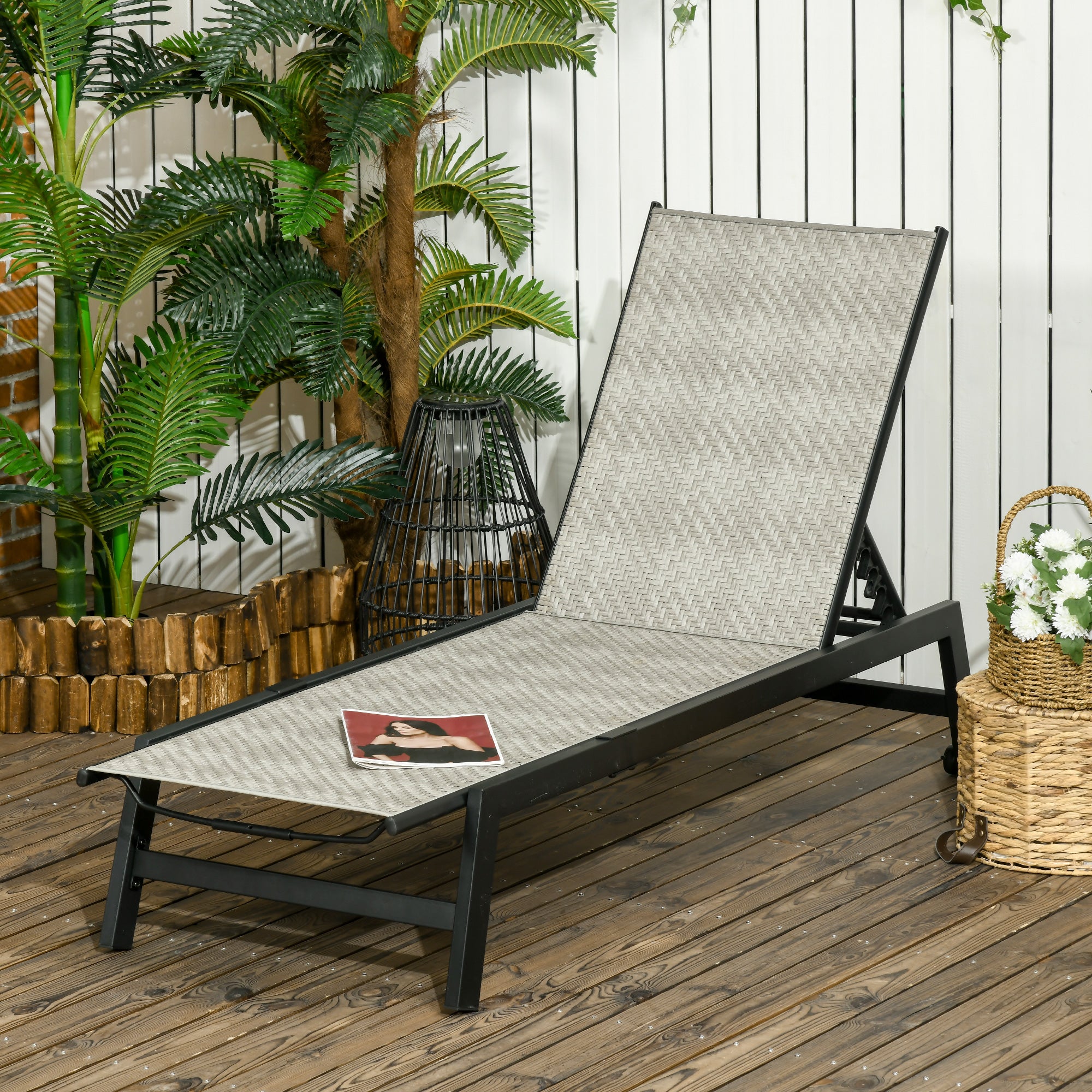 Outsunny Patio Lounger Chair, Outdoor Steel Frame PE Rattan Wicker Sun Lounger w/ 5-Position Backrest and Wheels for Sun Room, Garden, Poolside, Light Grey