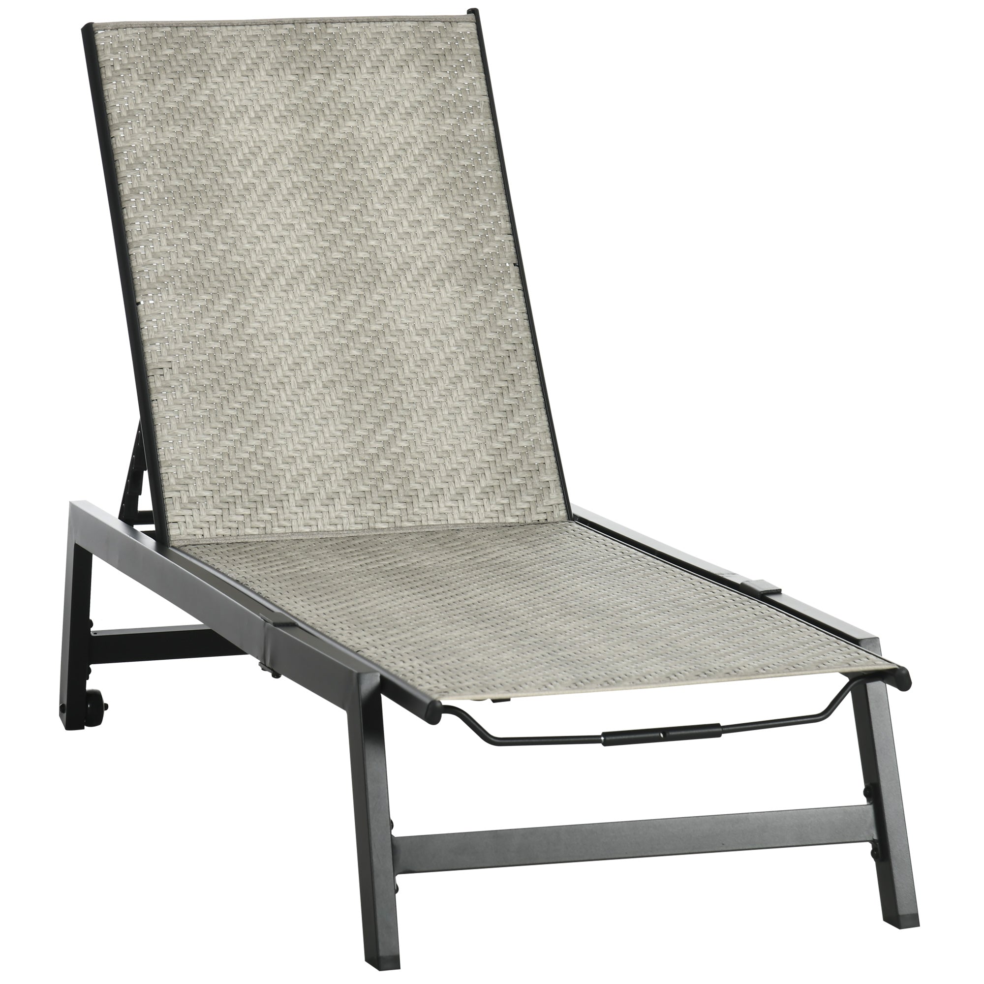 Outsunny Patio Lounger Chair, Outdoor Steel Frame PE Rattan Wicker Sun Lounger w/ 5-Position Backrest and Wheels for Sun Room, Garden, Poolside, Light Grey