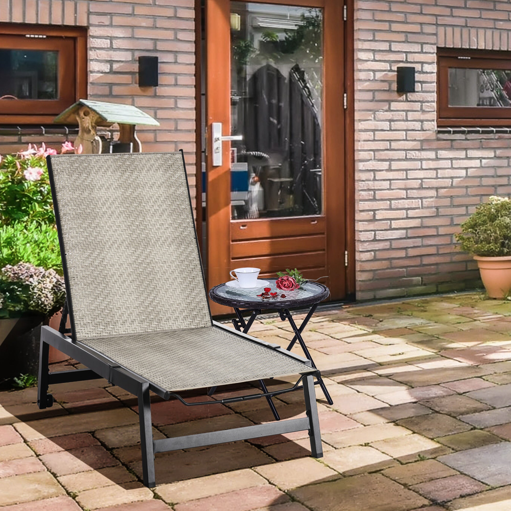 Outsunny Patio Lounger Chair, Outdoor Steel Frame PE Rattan Wicker Sun Lounger w/ 5-Position Backrest and Wheels for Sun Room, Garden, Poolside, Light Grey
