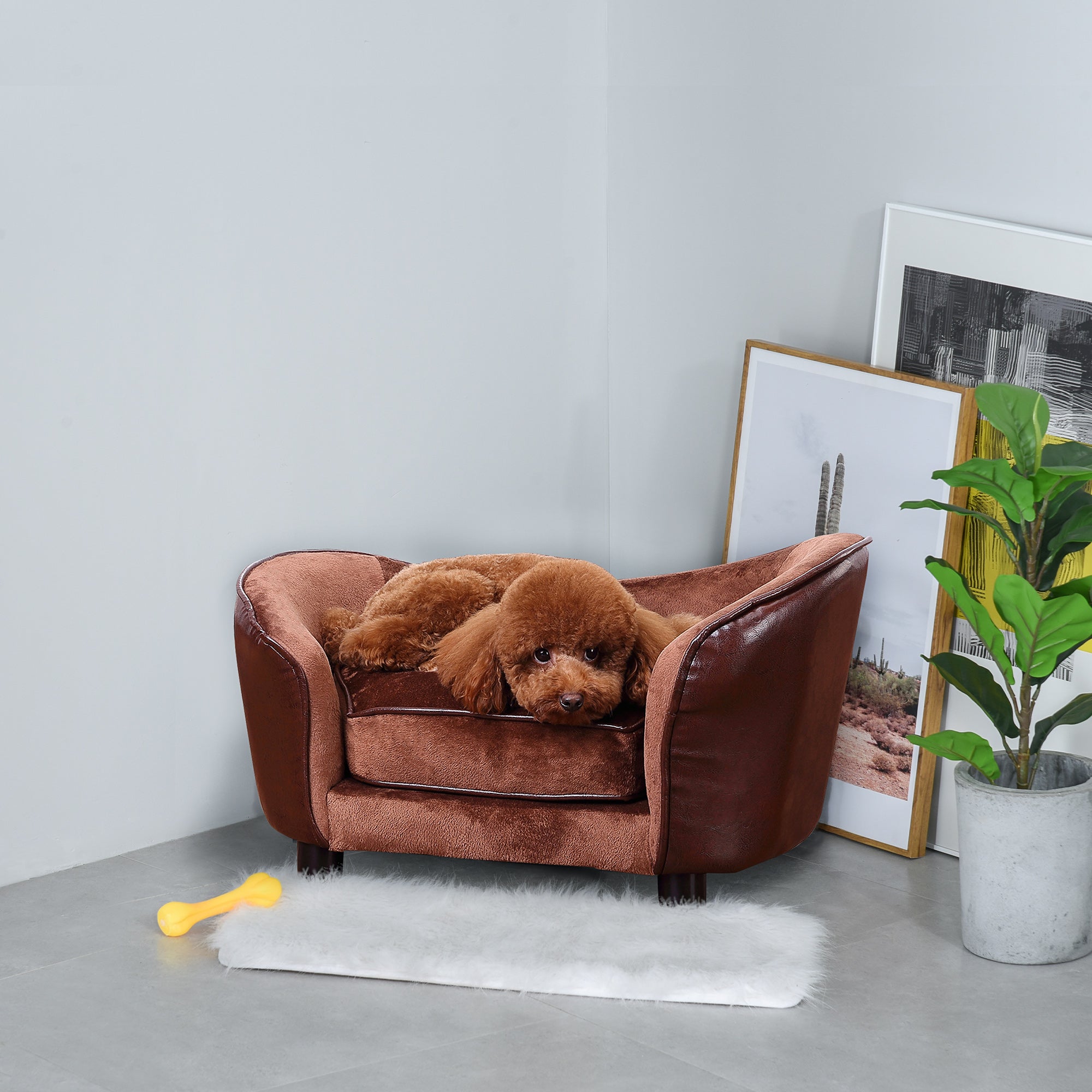 PawHut Dog Sofa Chair with Legs, Pet Couch with Soft Cushion for Extra Small Dogs Cats, Brown, 68.5 x 40.5 x 40.5 cm