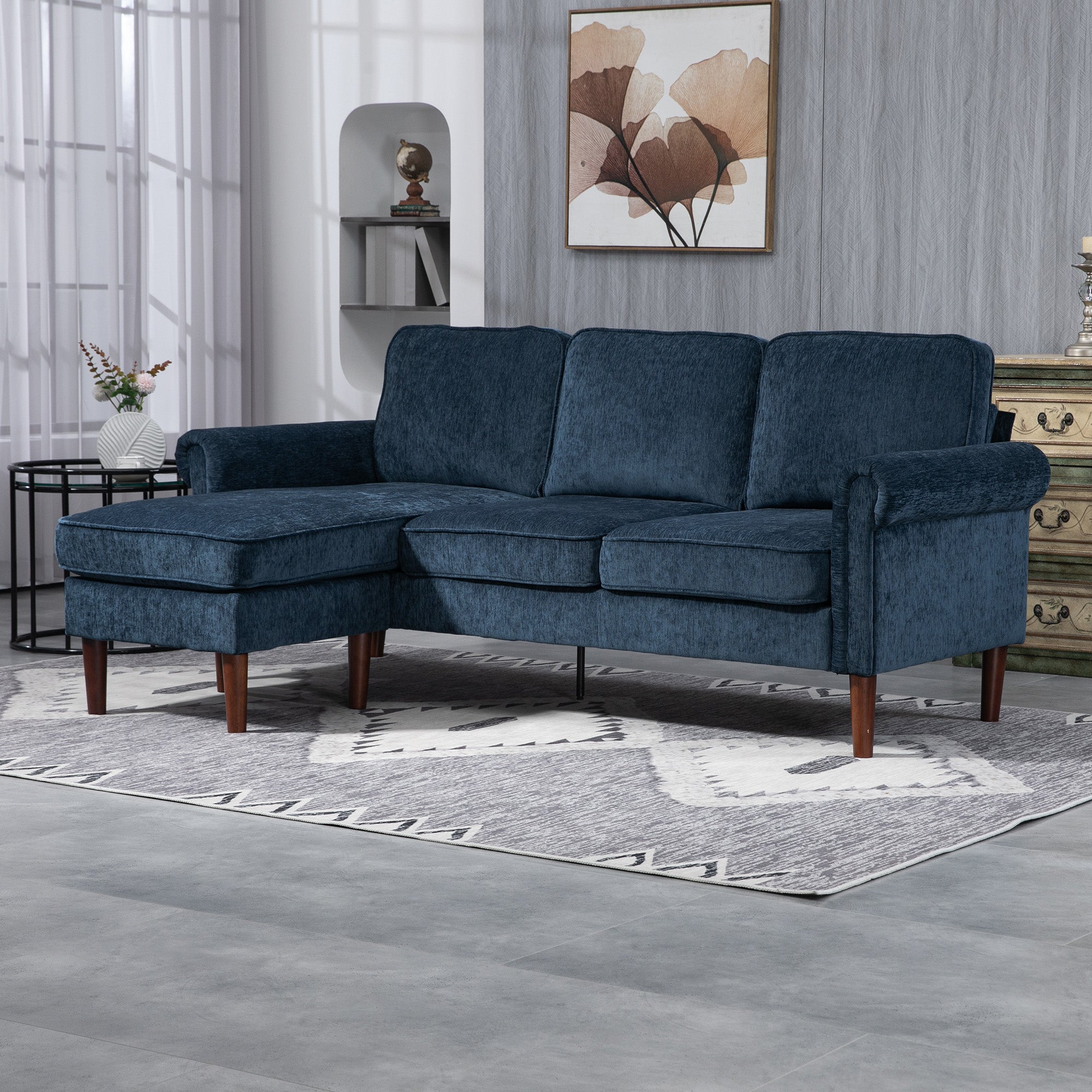 HOMCOM Convertible Sectional Sofa with Reversible Chaise Lounge, 3-Seater Chenille Upholstery Couch with Wooden Legs, Modern L Shape Corner Sofa for Living Room, Dark Blue