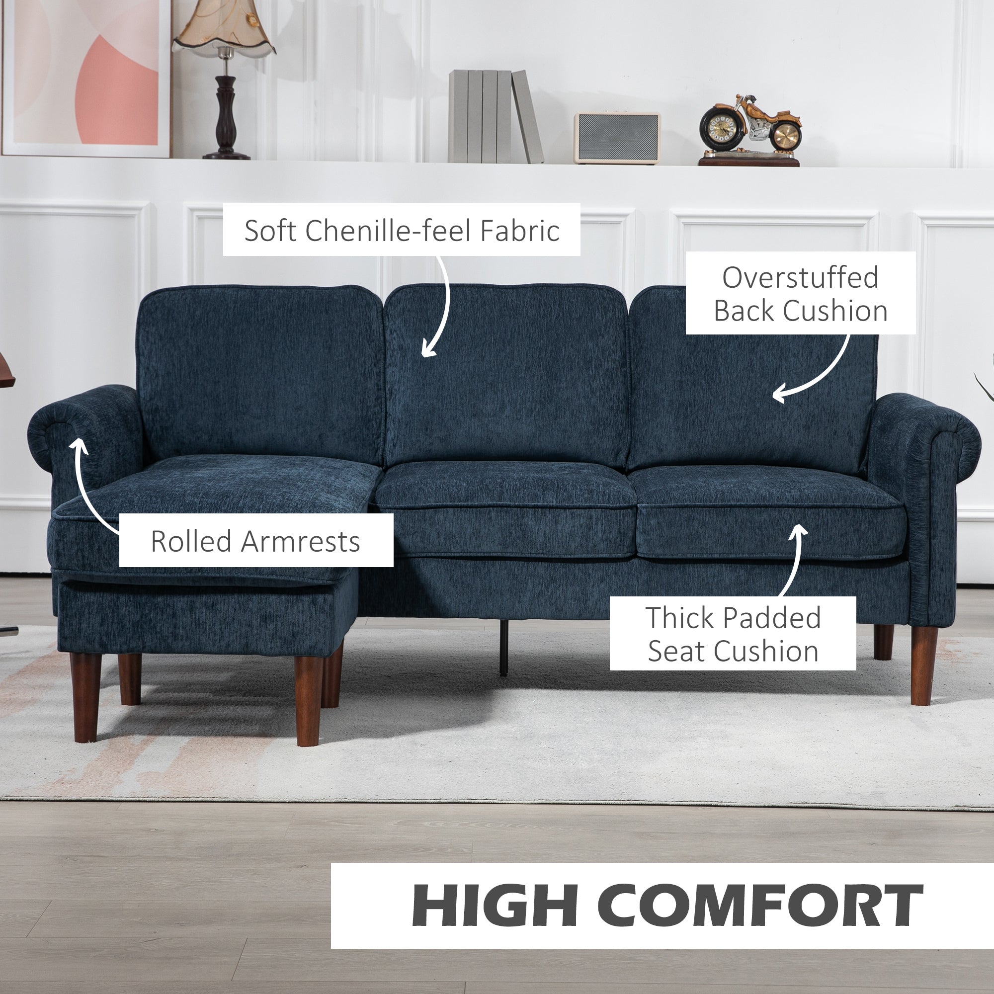 HOMCOM Convertible Sectional Sofa with Reversible Chaise Lounge, 3-Seater Chenille Upholstery Couch with Wooden Legs, Modern L Shape Corner Sofa for Living Room, Dark Blue