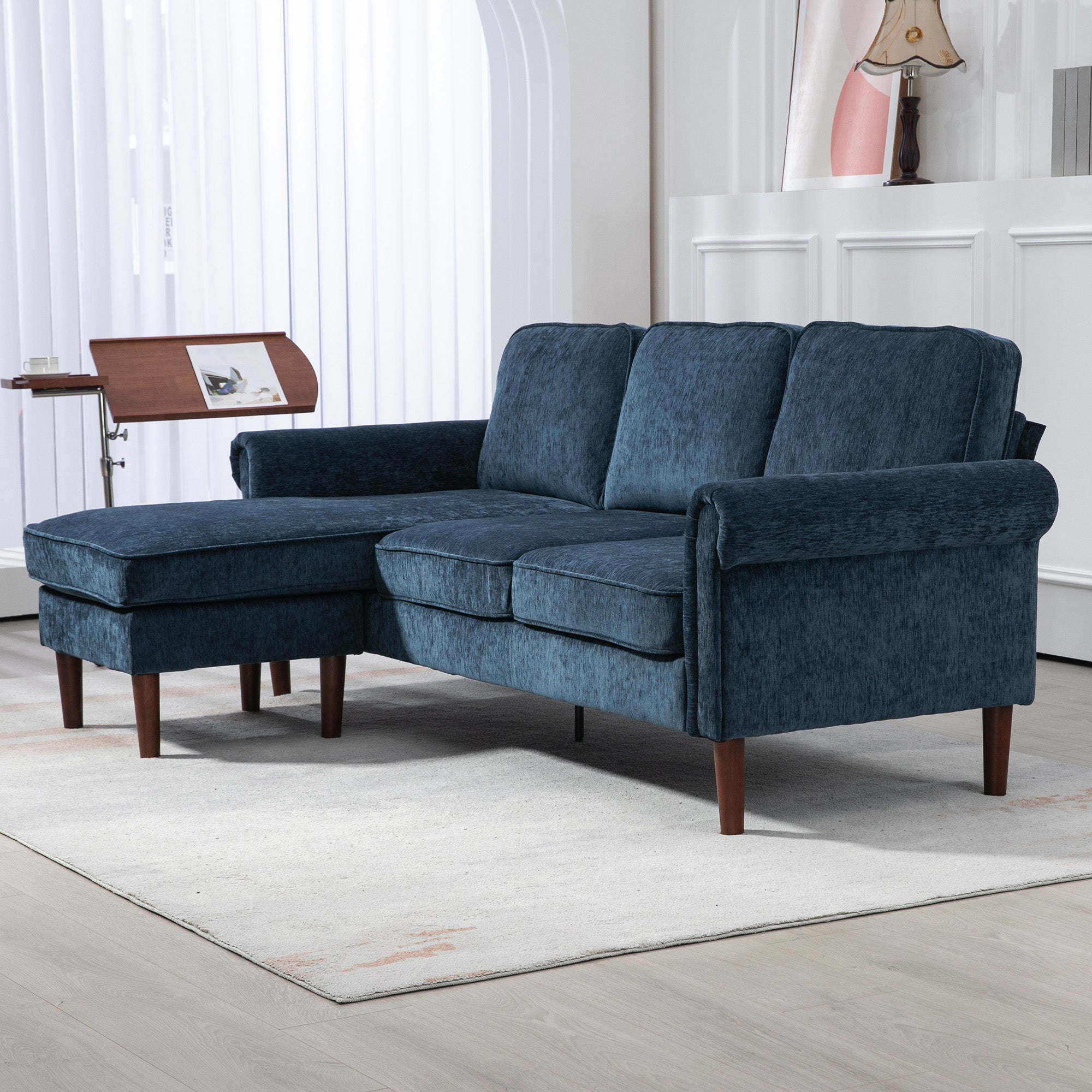 HOMCOM Convertible Sectional Sofa with Reversible Chaise Lounge, 3-Seater Chenille Upholstery Couch with Wooden Legs, Modern L Shape Corner Sofa for Living Room, Dark Blue