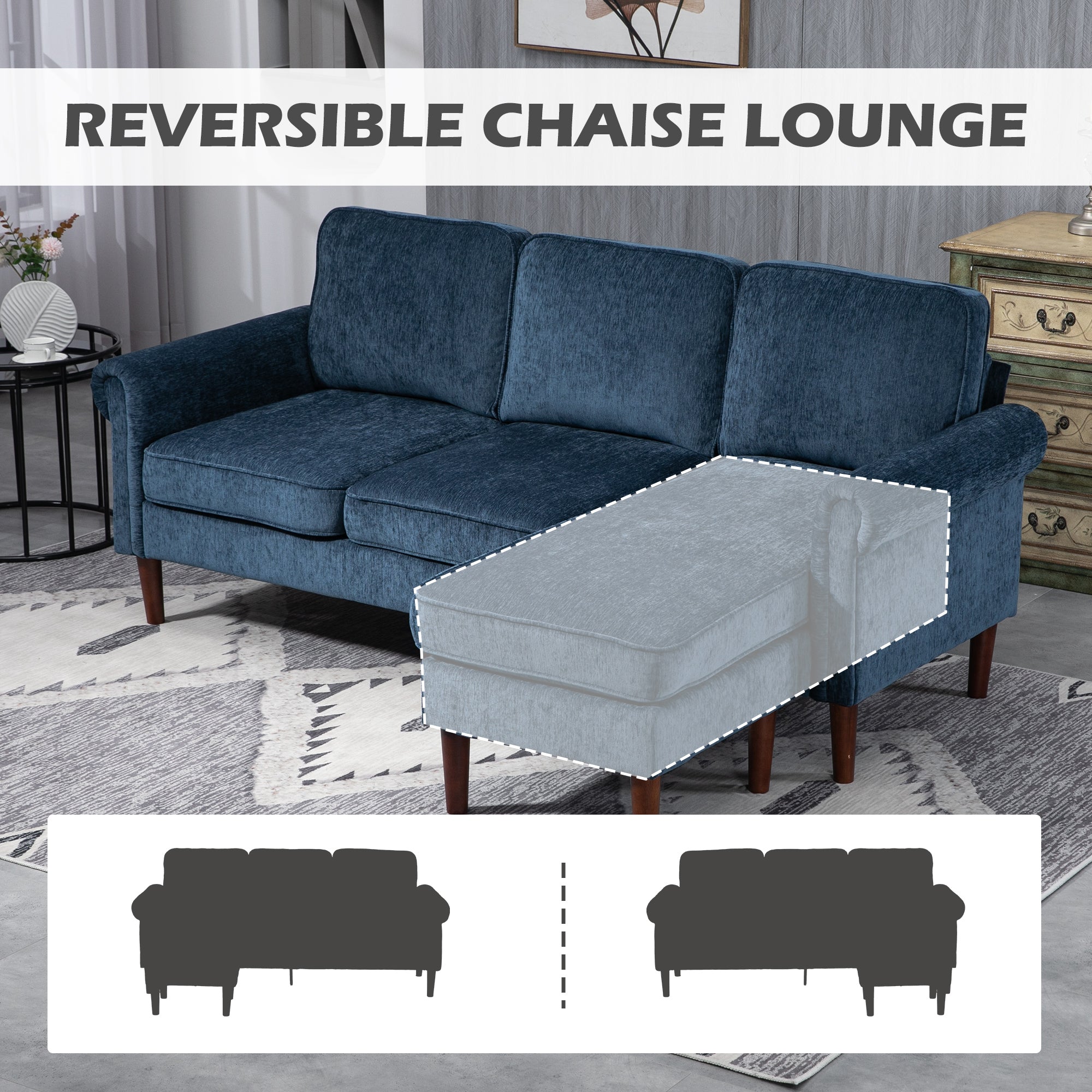 HOMCOM Convertible Sectional Sofa with Reversible Chaise Lounge, 3-Seater Chenille Upholstery Couch with Wooden Legs, Modern L Shape Corner Sofa for Living Room, Dark Blue