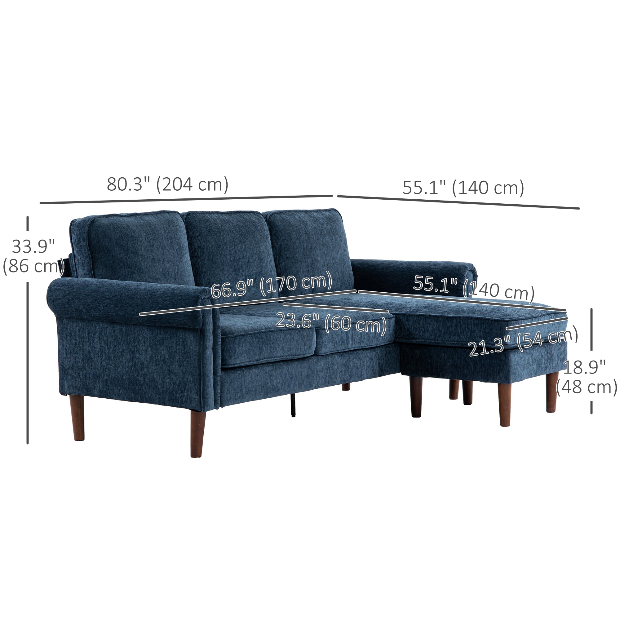 HOMCOM Convertible Sectional Sofa with Reversible Chaise Lounge, 3-Seater Chenille Upholstery Couch with Wooden Legs, Modern L Shape Corner Sofa for Living Room, Dark Blue