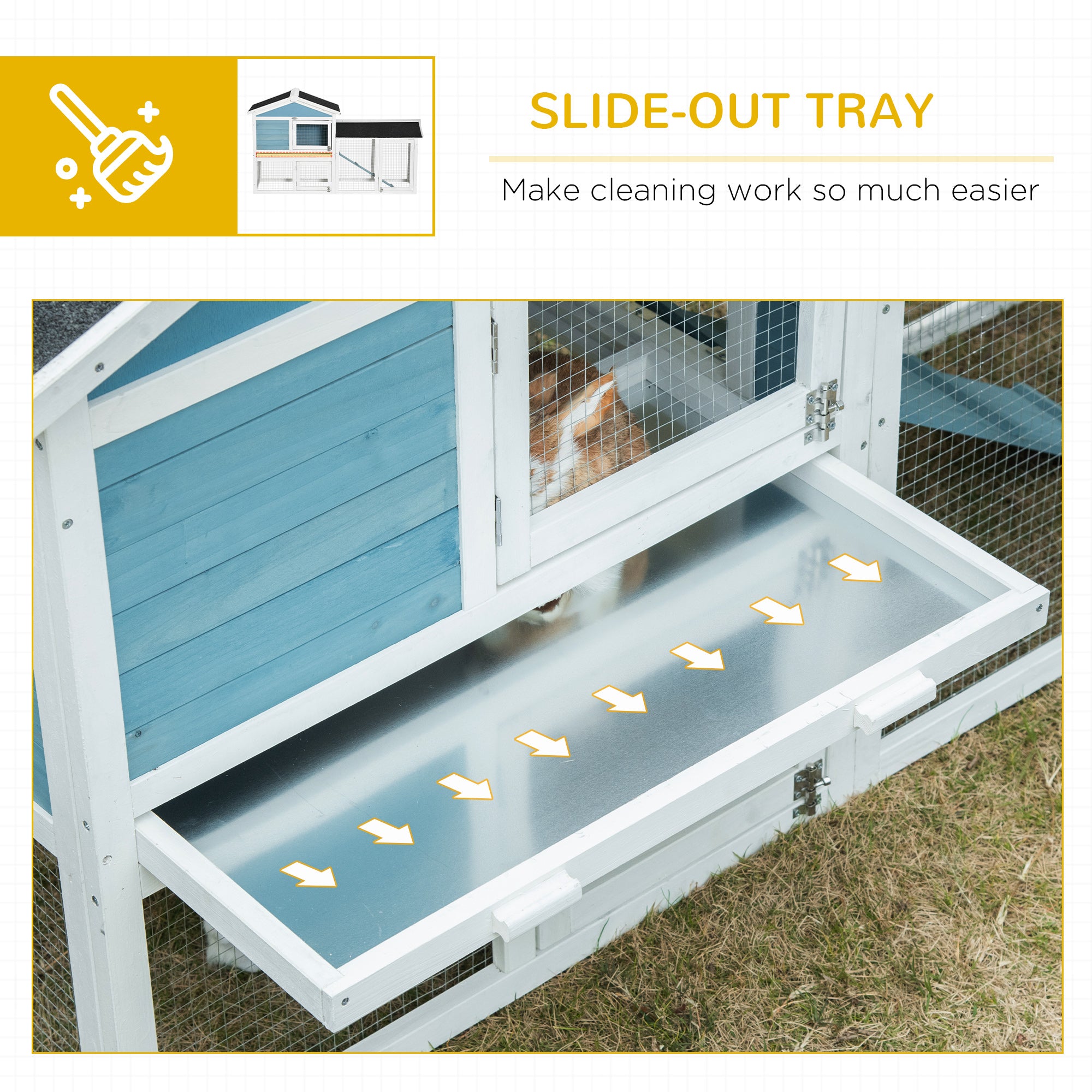 PawHut Rabbit Hutch, Wooden Bunny Hutch, Guinea Pig Cage, Small Animal Enclosure with Run Area, Removable Tray, Asphalt Roof, Lockable Doors and Ramp, Light Blue
