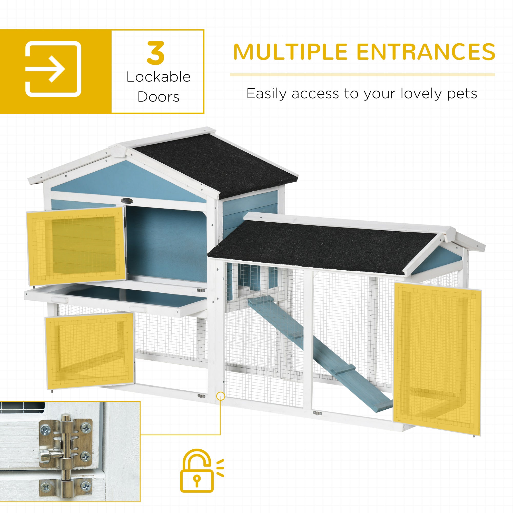 PawHut Rabbit Hutch, Wooden Bunny Hutch, Guinea Pig Cage, Small Animal Enclosure with Run Area, Removable Tray, Asphalt Roof, Lockable Doors and Ramp, Light Blue