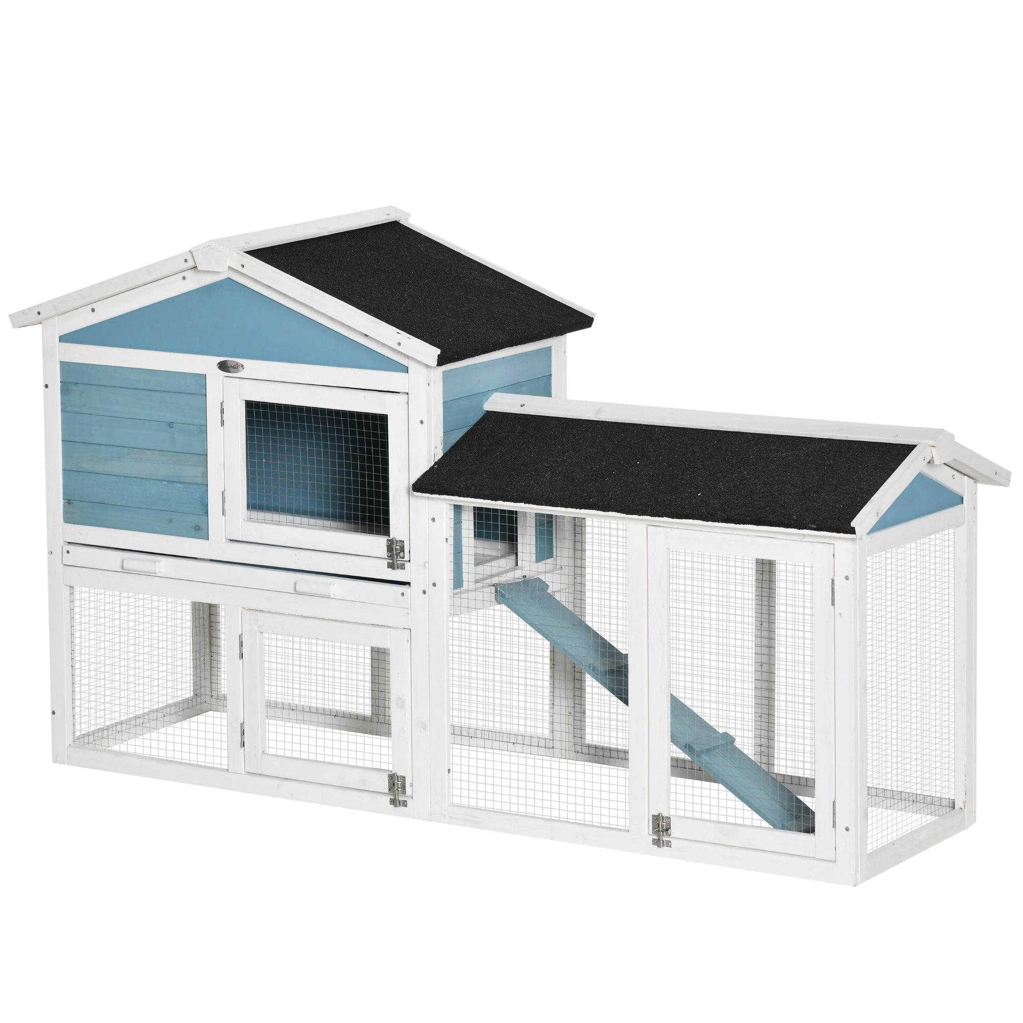 PawHut Rabbit Hutch, Wooden Bunny Hutch, Guinea Pig Cage, Small Animal Enclosure with Run Area, Removable Tray, Asphalt Roof, Lockable Doors and Ramp, Light Blue