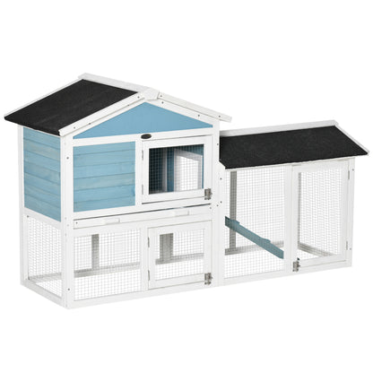 PawHut Rabbit Hutch, Wooden Bunny Hutch, Guinea Pig Cage, Small Animal Enclosure with Run Area, Removable Tray, Asphalt Roof, Lockable Doors and Ramp, Light Blue