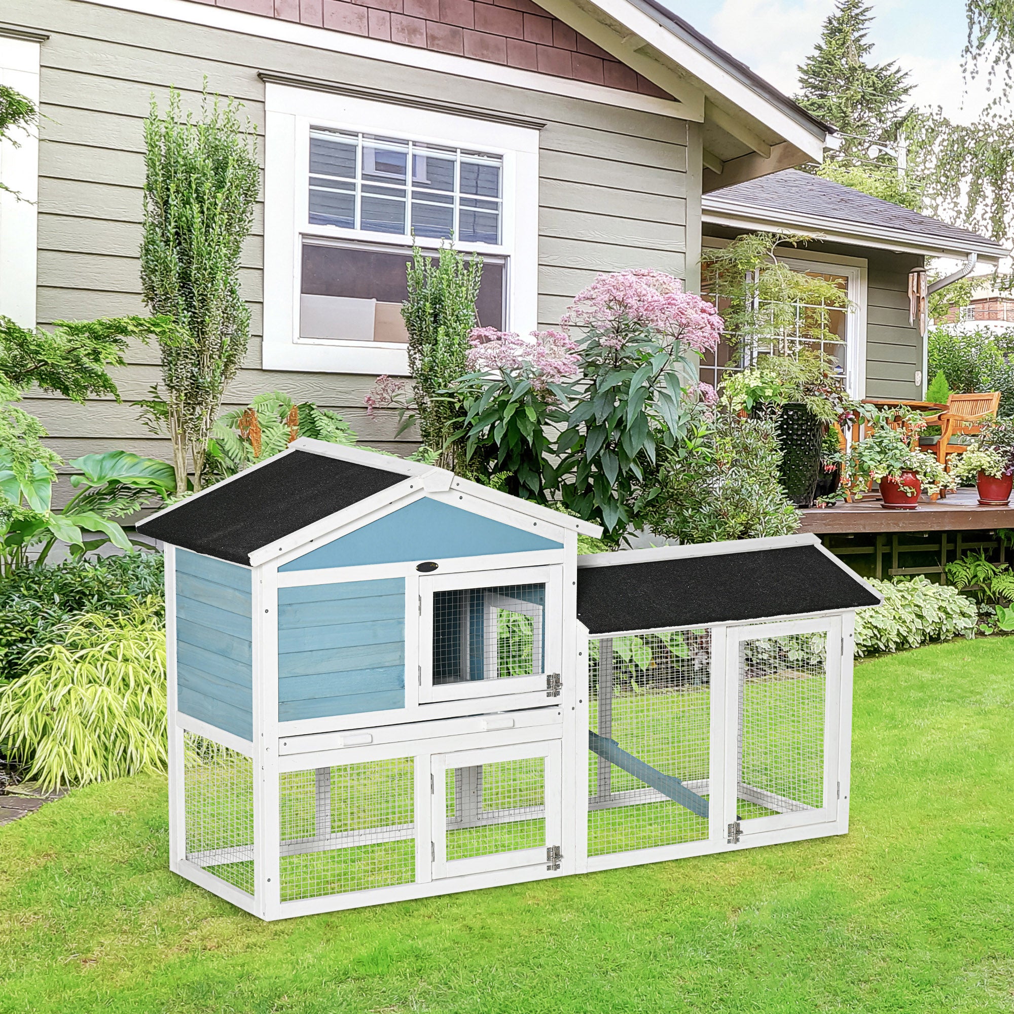 PawHut Rabbit Hutch, Wooden Bunny Hutch, Guinea Pig Cage, Small Animal Enclosure with Run Area, Removable Tray, Asphalt Roof, Lockable Doors and Ramp, Light Blue
