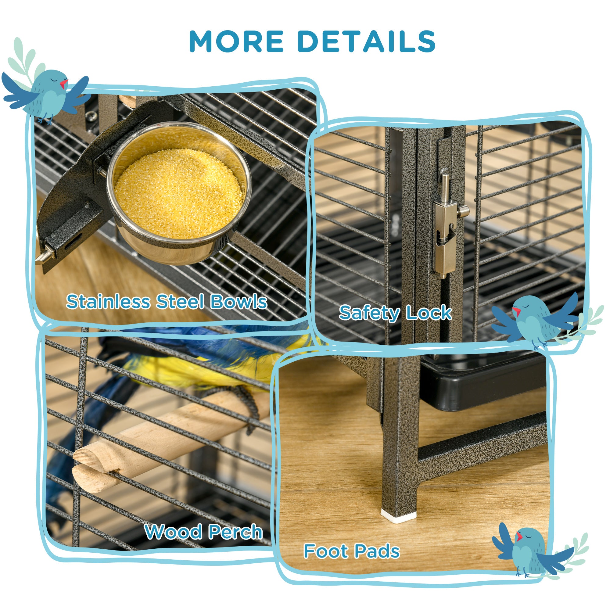 PawHut Bird Travel Carrier Cage for Parrots Conures African Grey Cockatiel Parakeets with Stand Perch, Stainless Steel Bowls, Pull Out Tray, Black