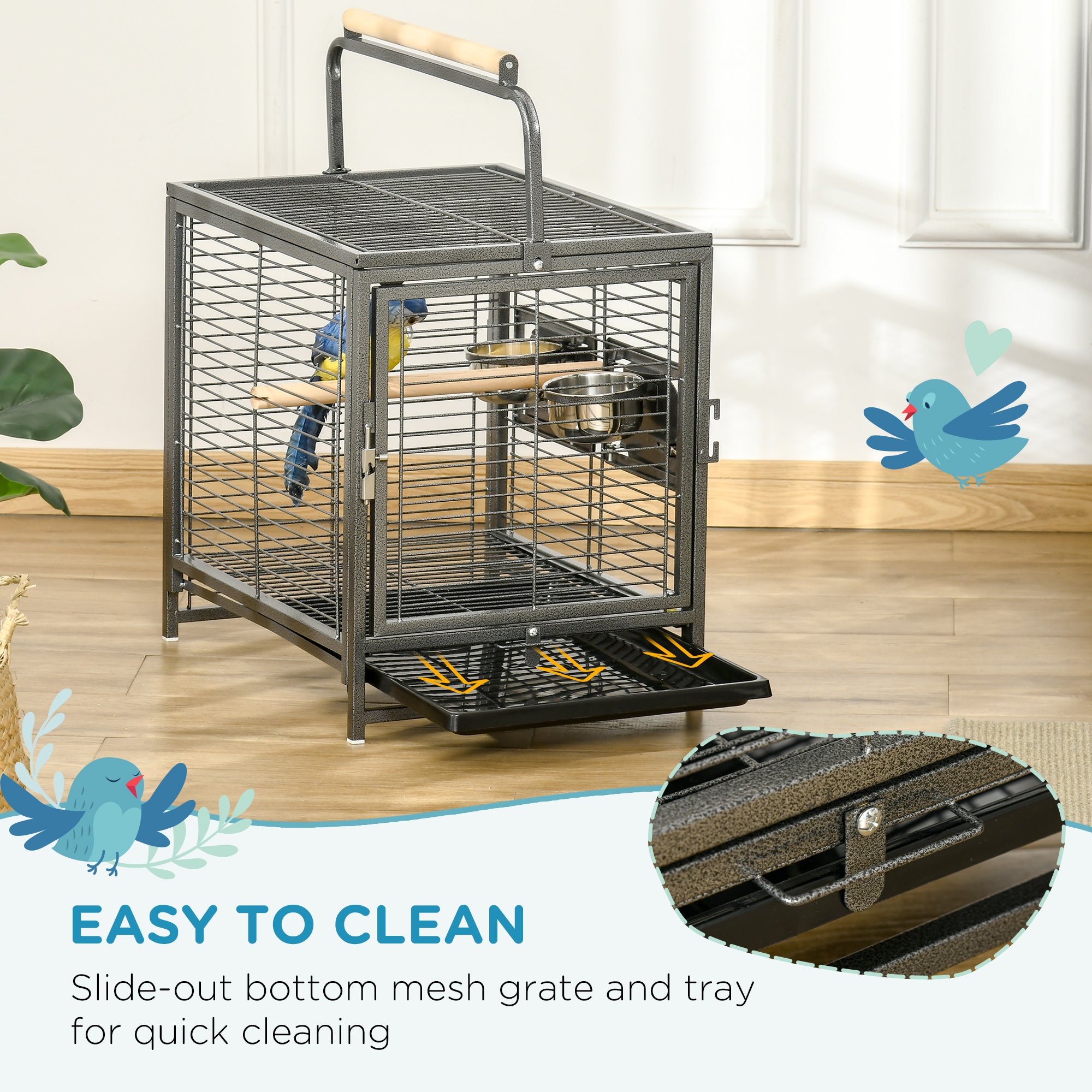 PawHut Bird Cage Budgie Cage for Budgie, Lovebirds, Green Cheek Canary, Parakeet, Cockatiel, Travel Breeding Cage w/ Wooden Perch Handle, 48 x 38 x 65 cm