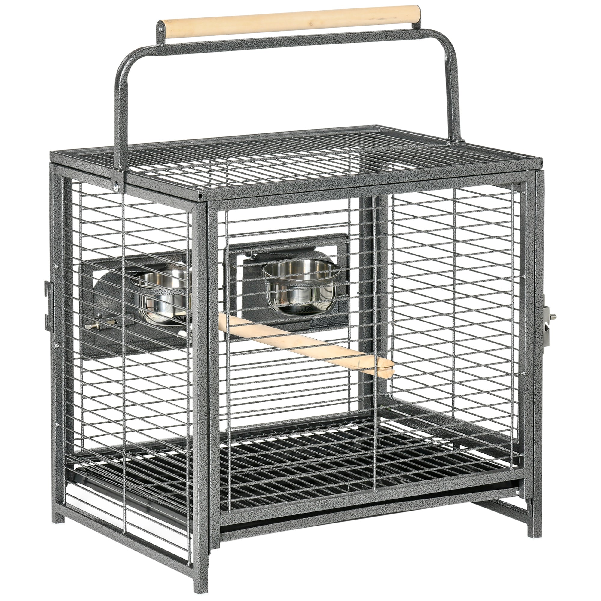 PawHut Bird Travel Carrier Cage for Parrots Conures African Grey Cockatiel Parakeets with Stand Perch, Stainless Steel Bowls, Pull Out Tray, Black