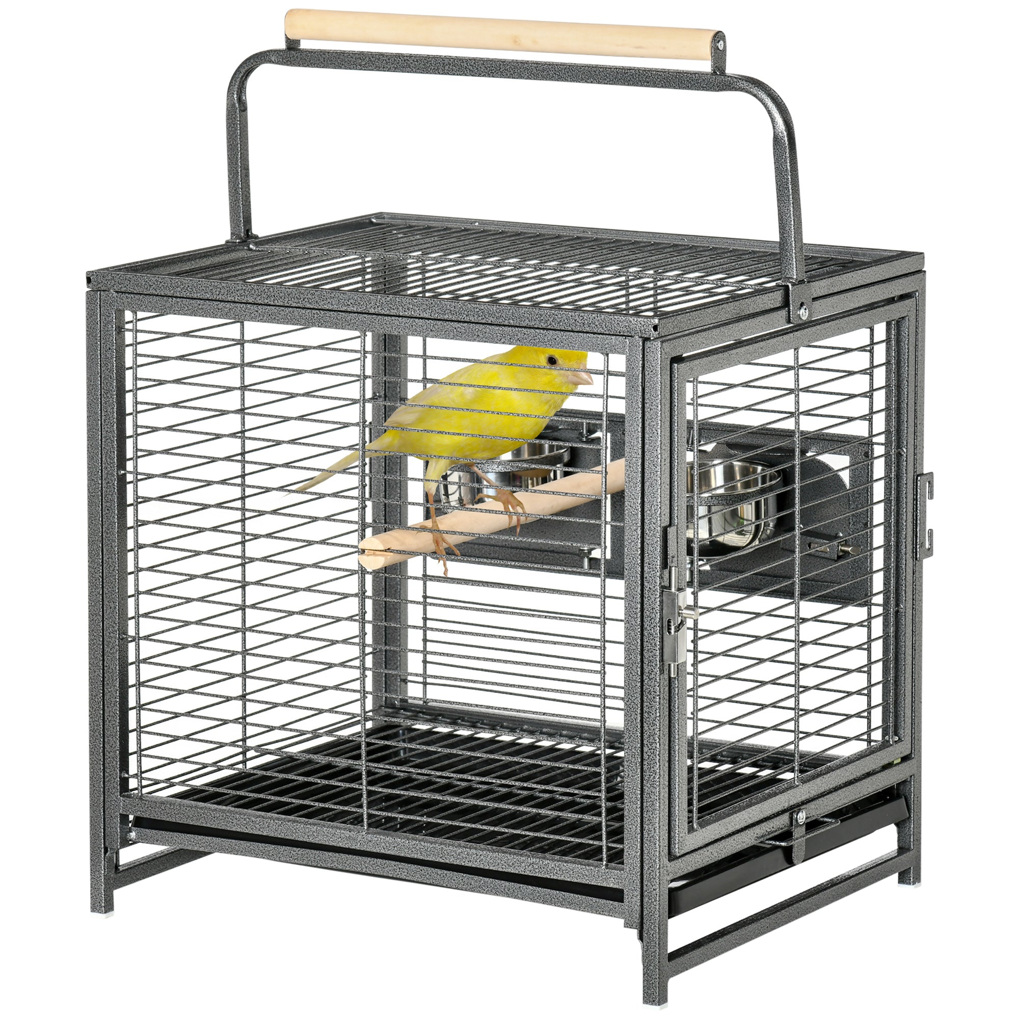 PawHut Bird Travel Carrier Cage for Parrots Conures African Grey Cockatiel Parakeets with Stand Perch, Stainless Steel Bowls, Pull Out Tray, Black