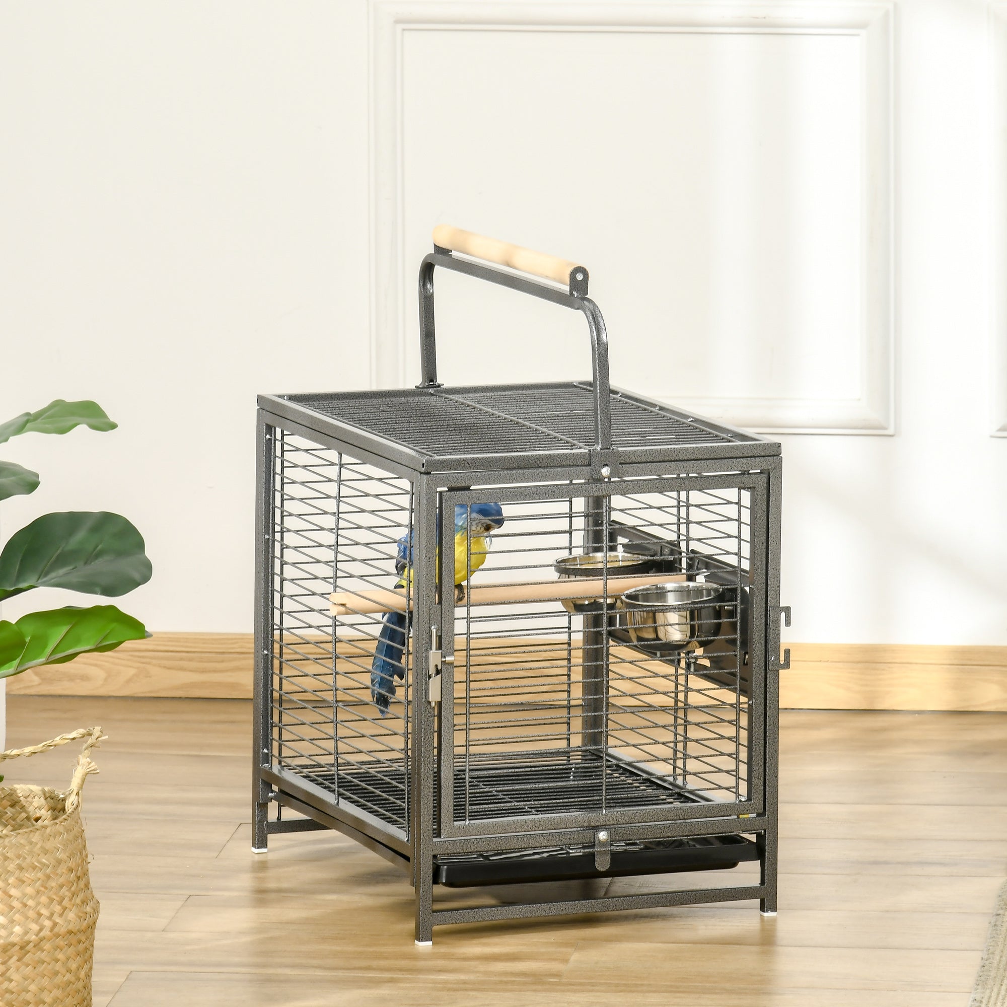 PawHut Bird Cage Budgie Cage for Budgie, Lovebirds, Green Cheek Canary, Parakeet, Cockatiel, Travel Breeding Cage w/ Wooden Perch Handle, 48 x 38 x 65 cm