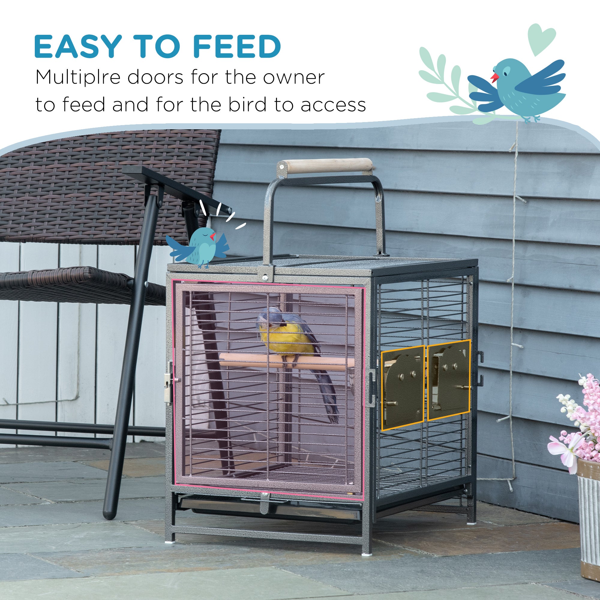 PawHut Bird Travel Carrier Cage for Parrots Conures African Grey Cockatiel Parakeets with Stand Perch, Stainless Steel Bowls, Pull Out Tray, Black