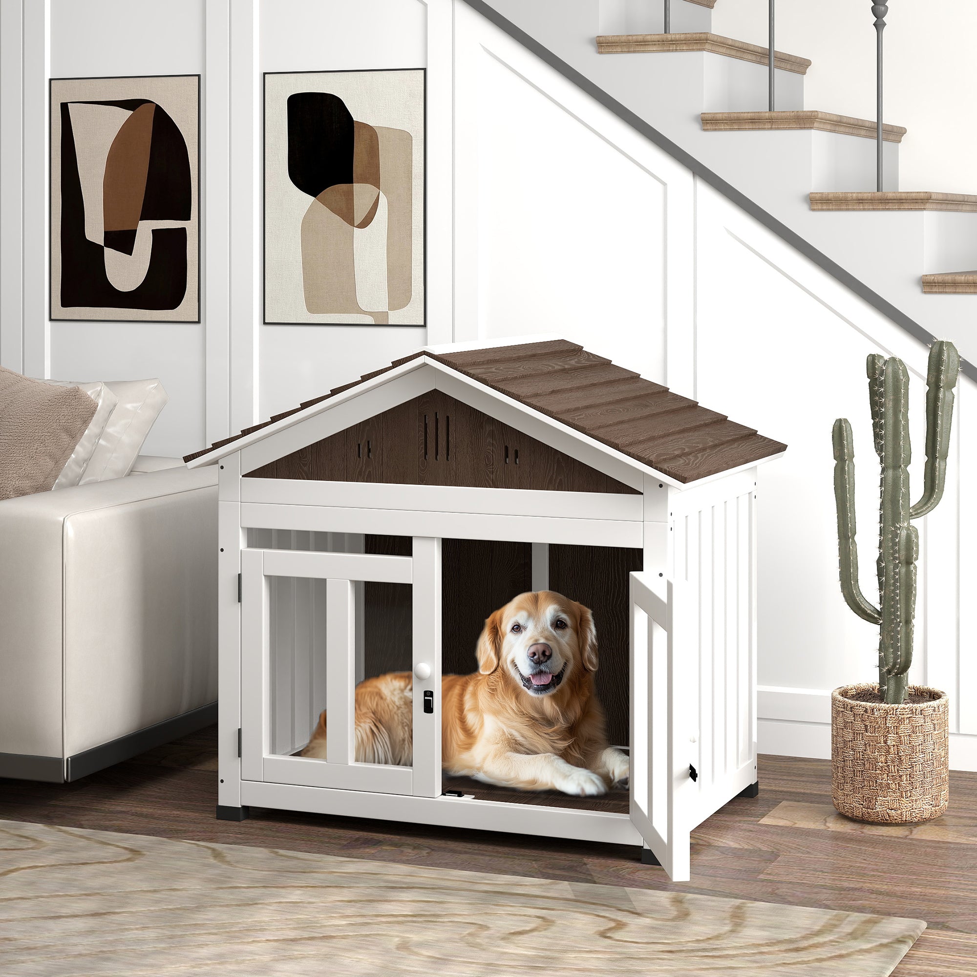 PawHut 40"L Dog House Outdoor Indoor, Wooden Dog Kennel for Small, Medium, Large Dogs, Puppy Shelter with Air Vents & Elevated Removable Floor, Magnetic Doors, Foot Covers, Dark Brown