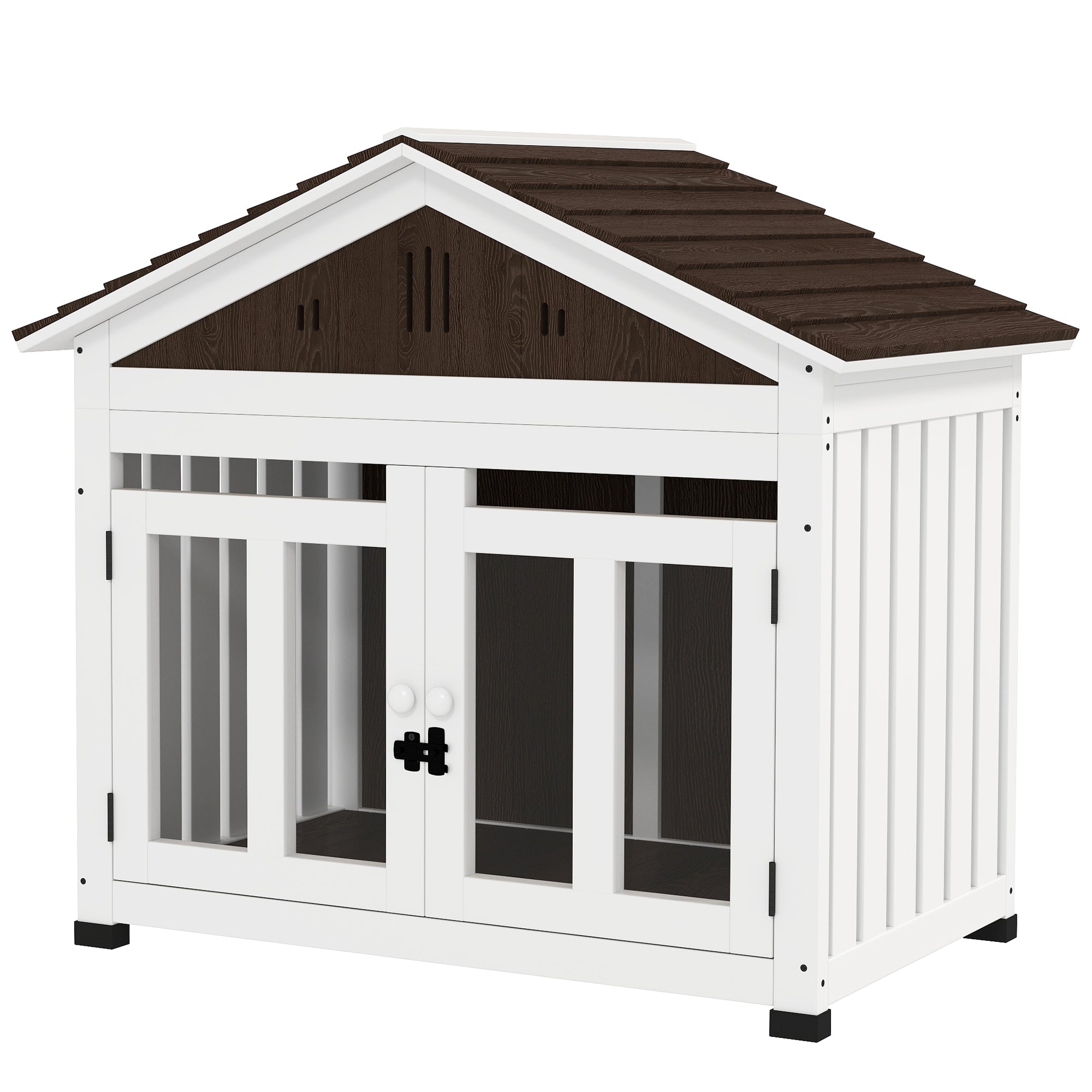 PawHut 40"L Dog House Outdoor Indoor, Wooden Dog Kennel for Small, Medium, Large Dogs, Puppy Shelter with Air Vents & Elevated Removable Floor, Magnetic Doors, Foot Covers, Dark Brown