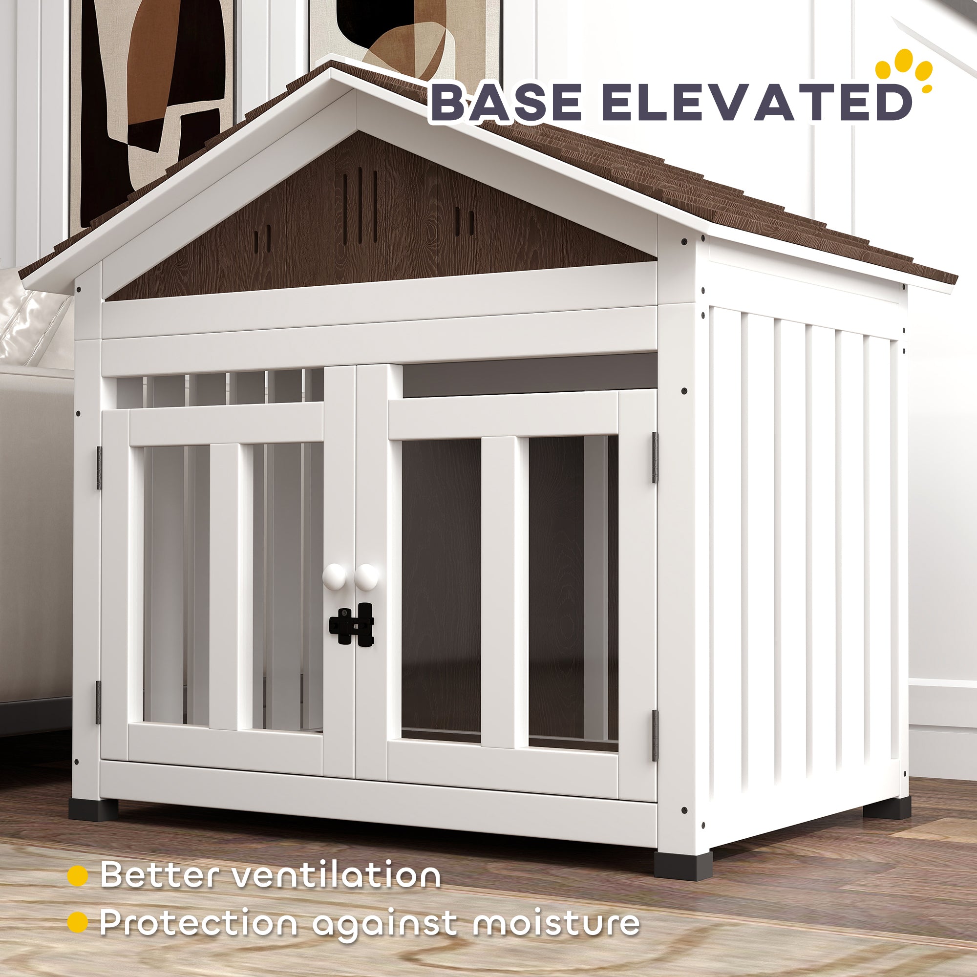 PawHut 40"L Dog House Outdoor Indoor, Wooden Dog Kennel for Small, Medium, Large Dogs, Puppy Shelter with Air Vents & Elevated Removable Floor, Magnetic Doors, Foot Covers, Dark Brown