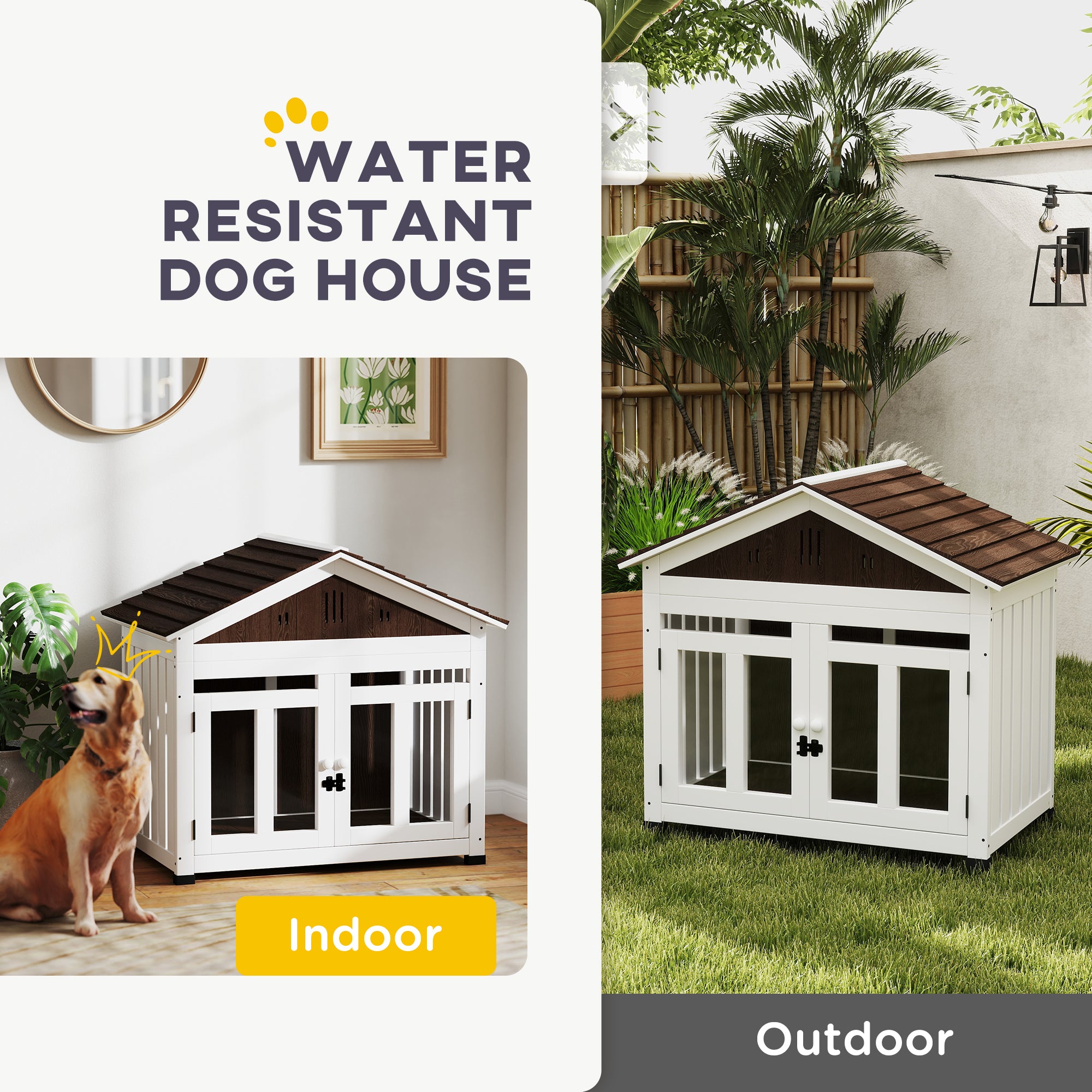 PawHut 40"L Dog House Outdoor Indoor, Wooden Dog Kennel for Small, Medium, Large Dogs, Puppy Shelter with Air Vents & Elevated Removable Floor, Magnetic Doors, Foot Covers, Dark Brown