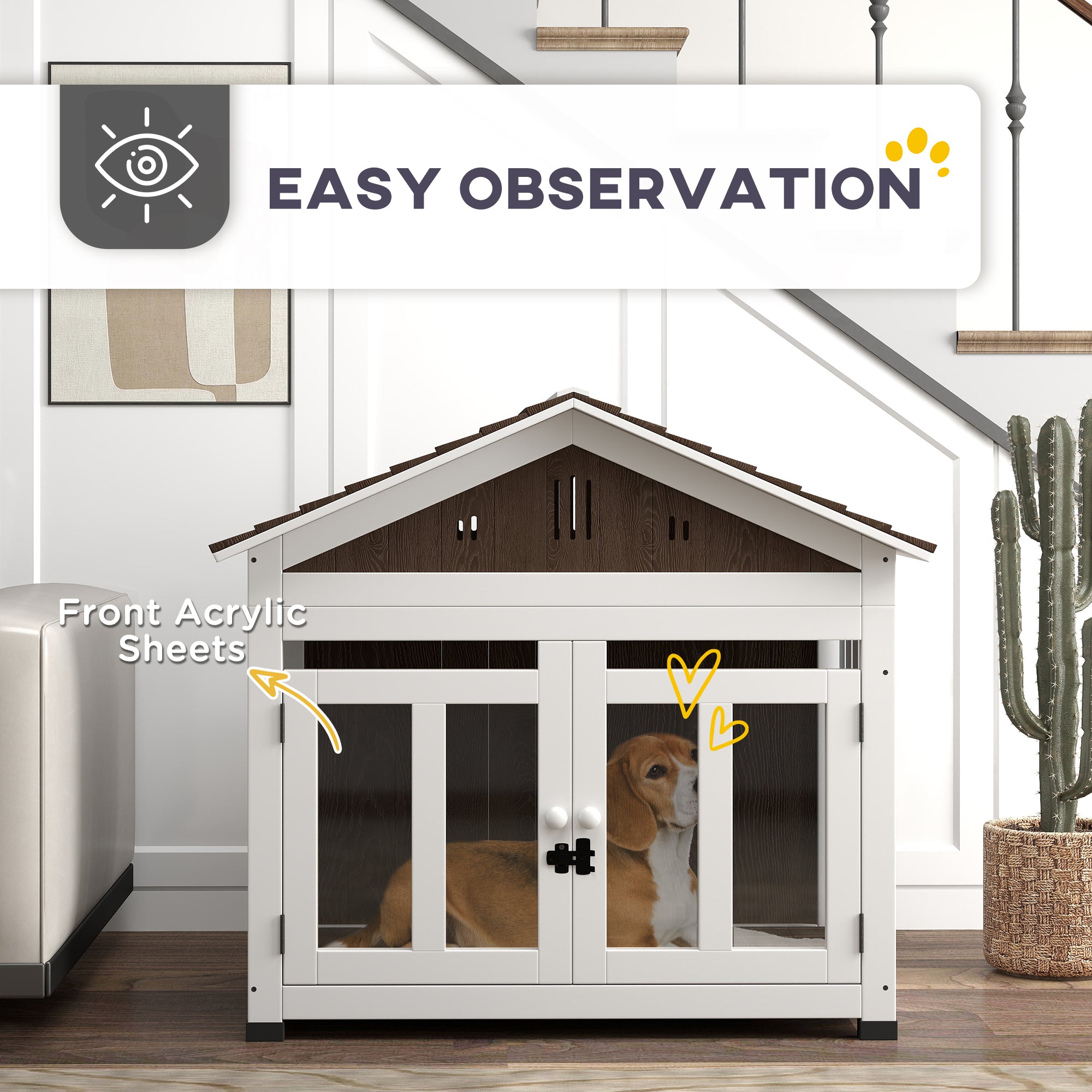 PawHut 40"L Dog House Outdoor Indoor, Wooden Dog Kennel for Small, Medium, Large Dogs, Puppy Shelter with Air Vents & Elevated Removable Floor, Magnetic Doors, Foot Covers, Dark Brown