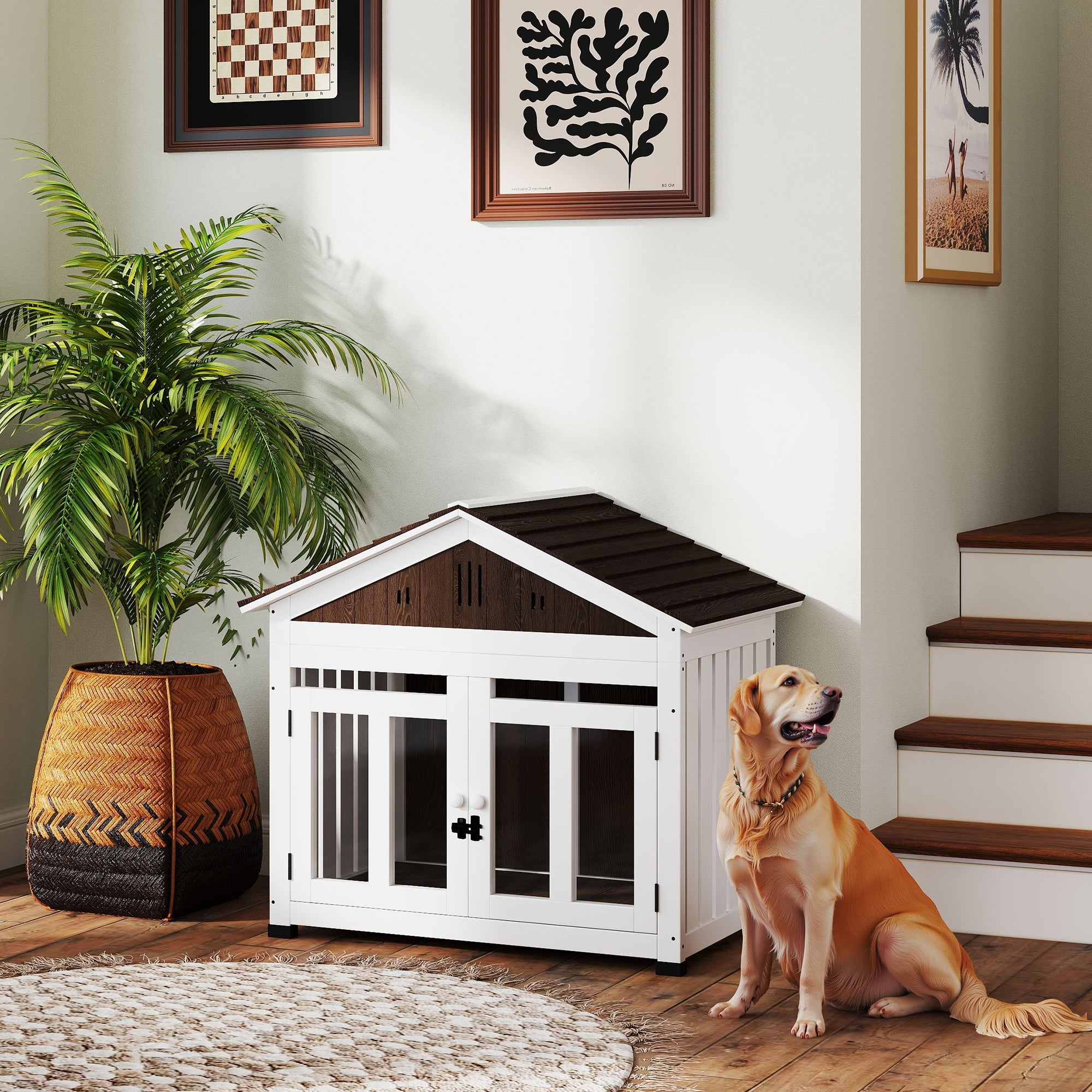 PawHut 40"L Dog House Outdoor Indoor, Wooden Dog Kennel for Small, Medium, Large Dogs, Puppy Shelter with Air Vents & Elevated Removable Floor, Magnetic Doors, Foot Covers, Dark Brown