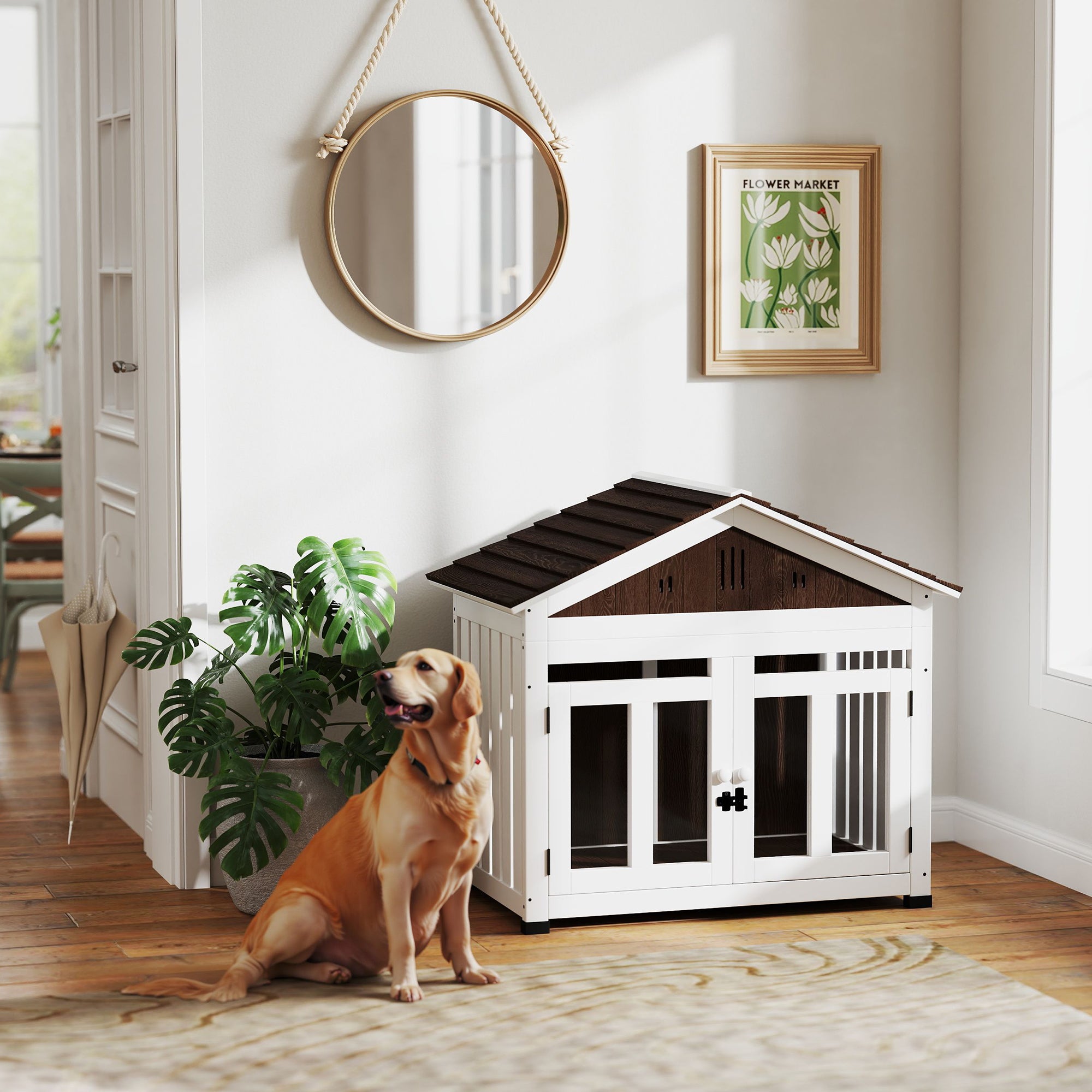 PawHut 40"L Dog House Outdoor Indoor, Wooden Dog Kennel for Small, Medium, Large Dogs, Puppy Shelter with Air Vents & Elevated Removable Floor, Magnetic Doors, Foot Covers, Dark Brown