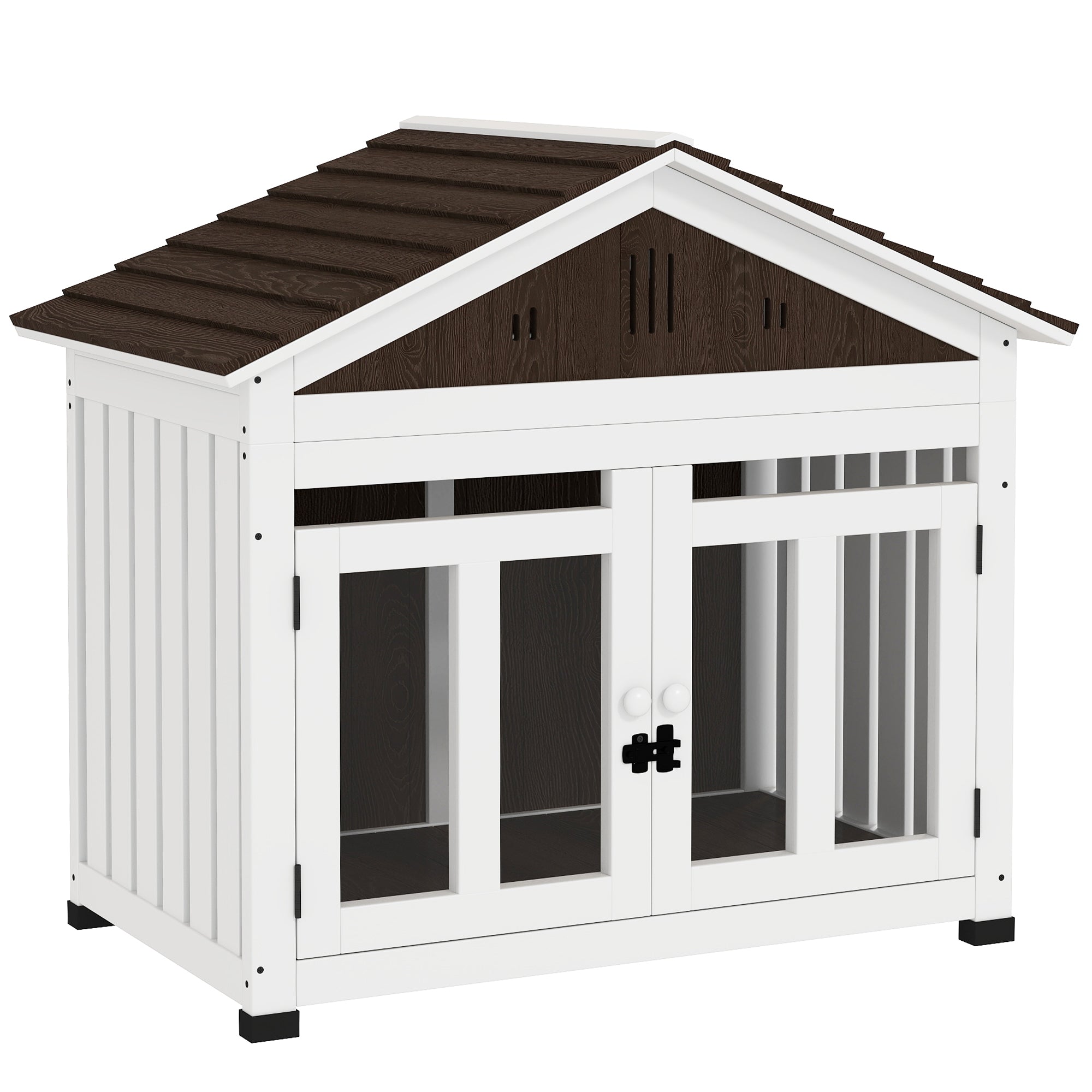 PawHut 40"L Dog House Outdoor Indoor, Wooden Dog Kennel for Small, Medium, Large Dogs, Puppy Shelter with Air Vents & Elevated Removable Floor, Magnetic Doors, Foot Covers, Dark Brown