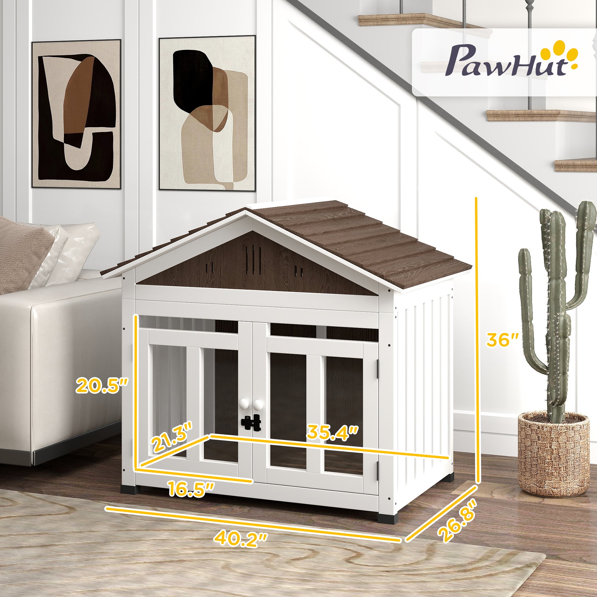PawHut 40"L Dog House Outdoor Indoor, Wooden Dog Kennel for Small, Medium, Large Dogs, Puppy Shelter with Air Vents & Elevated Removable Floor, Magnetic Doors, Foot Covers, Dark Brown