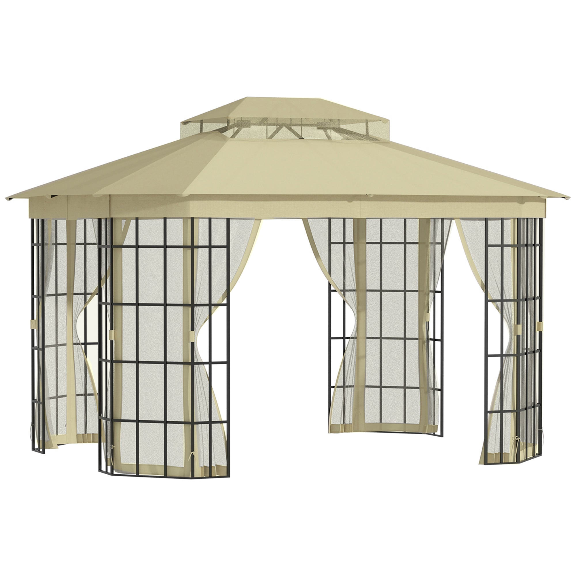Outsunny 12' x 10' Patio Gazebo Outdoor Canopy Shelter with Double Vented Roof, Mosquito Netting and Steel Frame for Lawn, Backyard and Deck, Beige