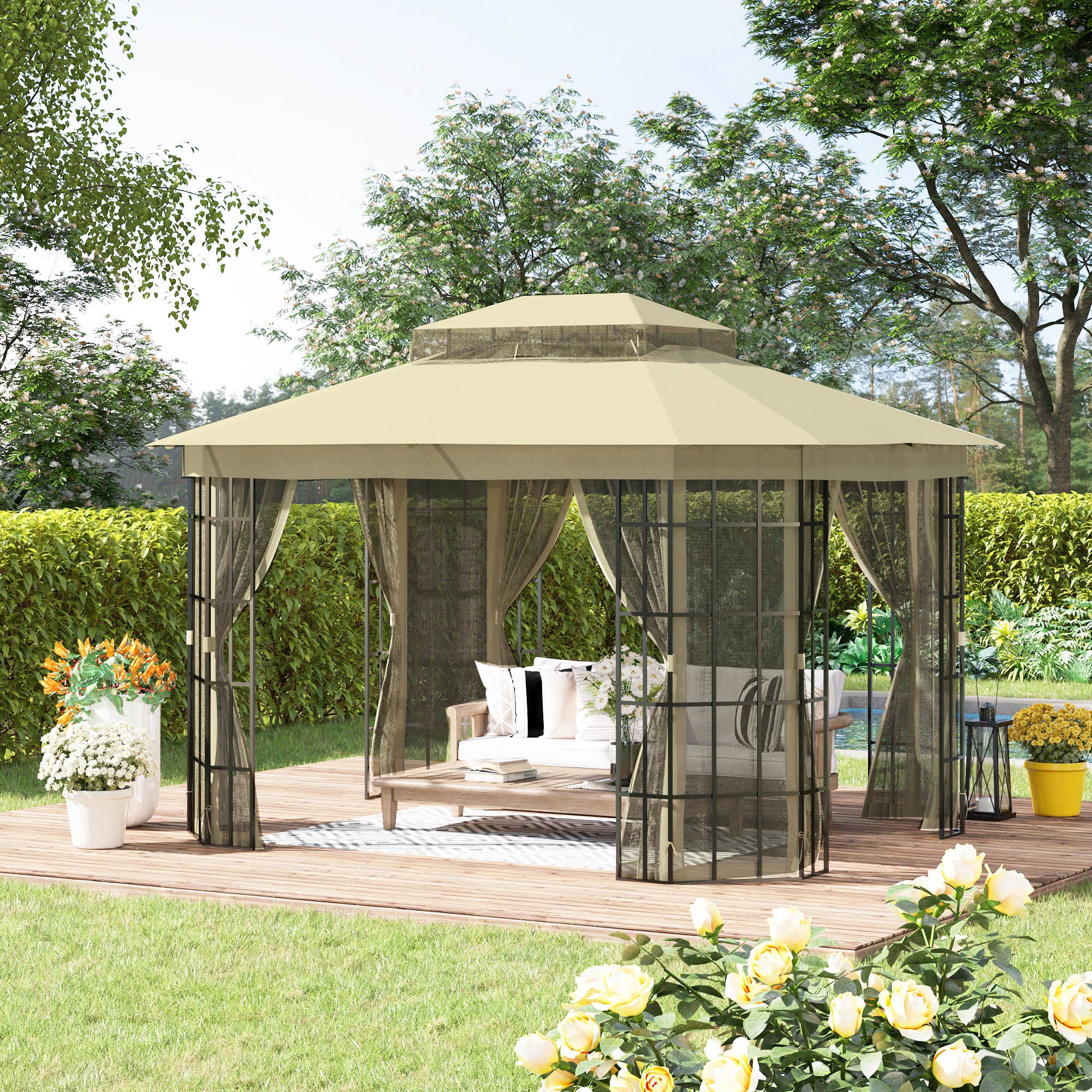 Outsunny 12' x 10' Patio Gazebo Outdoor Canopy Shelter with Double Vented Roof, Mosquito Netting and Steel Frame for Lawn, Backyard and Deck, Beige