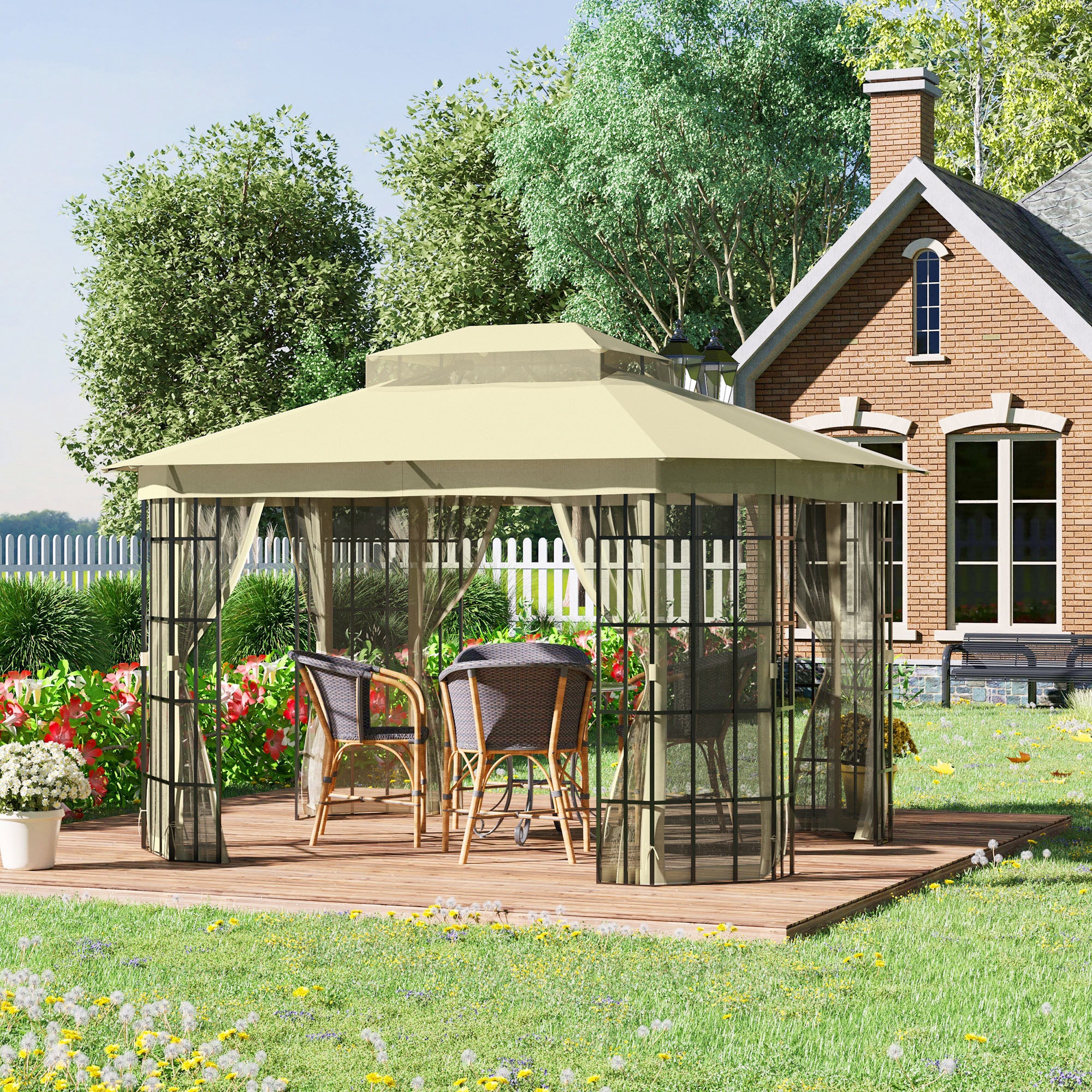 Outsunny 12' x 10' Patio Gazebo Outdoor Canopy Shelter with Double Vented Roof, Mosquito Netting and Steel Frame for Lawn, Backyard and Deck, Beige