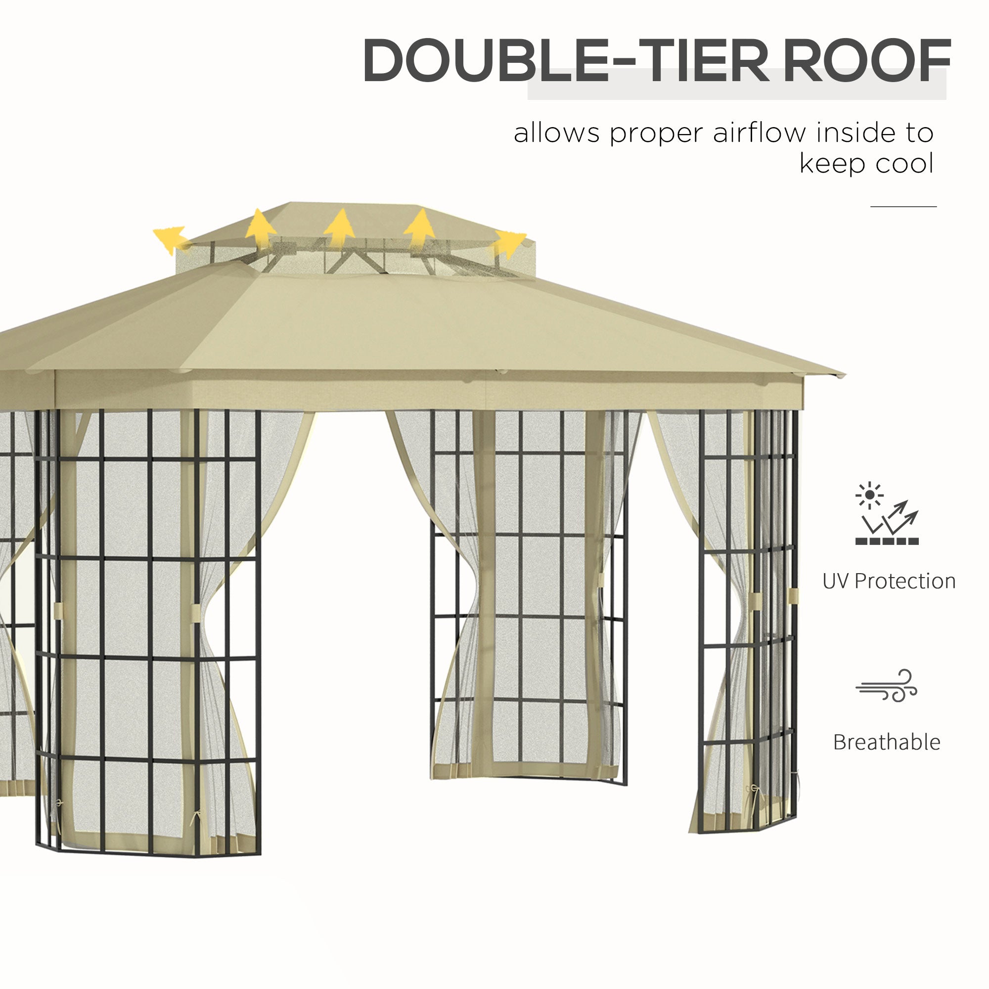 Outsunny 12' x 10' Patio Gazebo Outdoor Canopy Shelter with Double Vented Roof, Mosquito Netting and Steel Frame for Lawn, Backyard and Deck, Beige