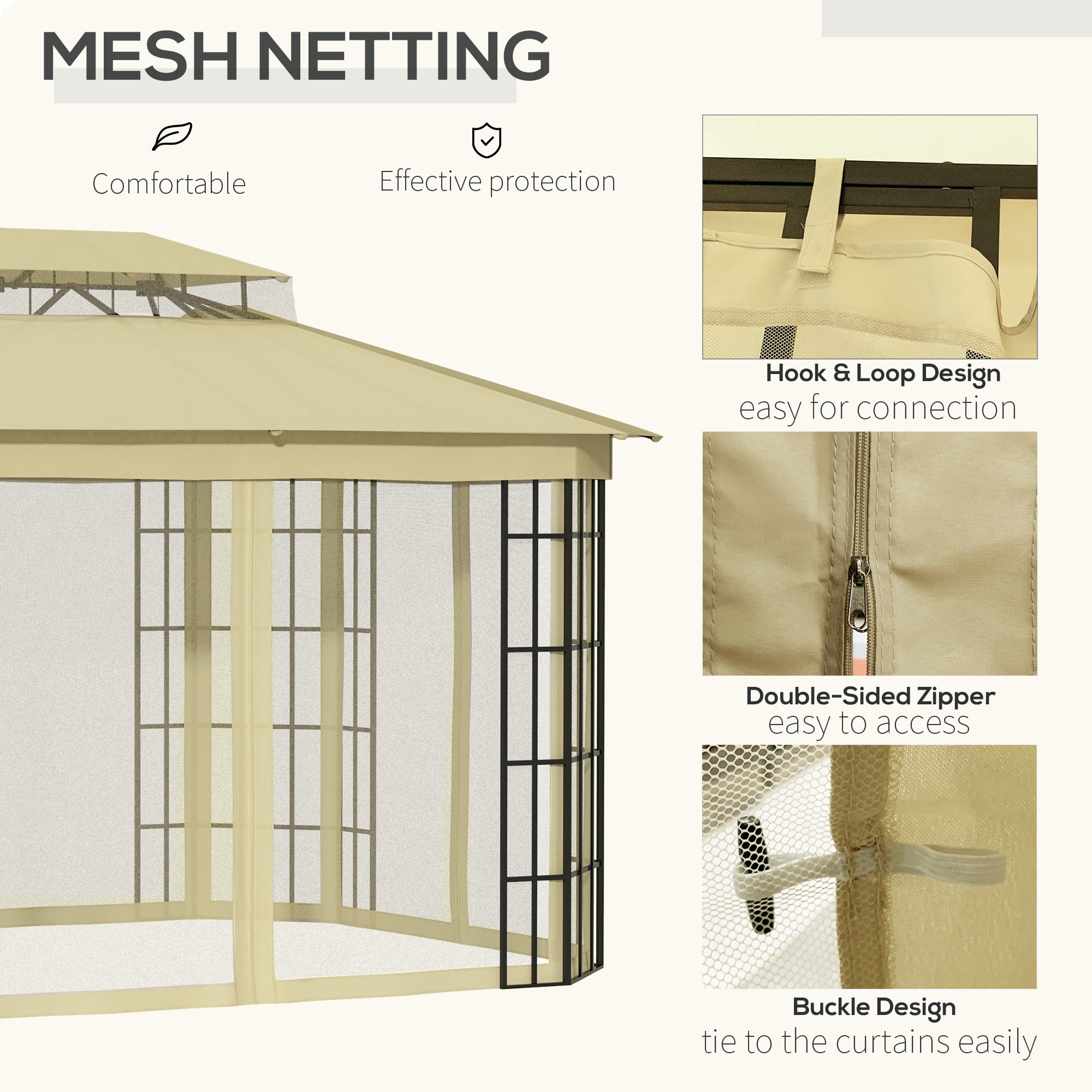 Outsunny 12' x 10' Patio Gazebo Outdoor Canopy Shelter with Double Vented Roof, Mosquito Netting and Steel Frame for Lawn, Backyard and Deck, Beige