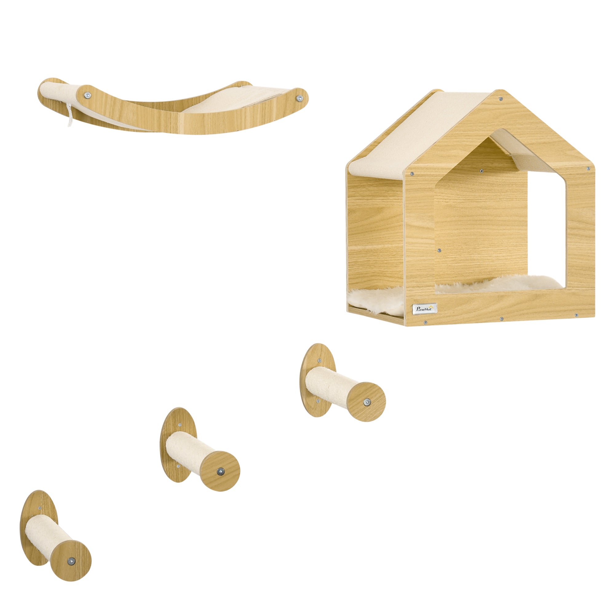 PawHut 5PCs Wall Mounted Cat Tree Cats Shelves, Cat Climbing Shelf Set, Kitten Activity Center with Condo Hammock Scratching Post, Oak