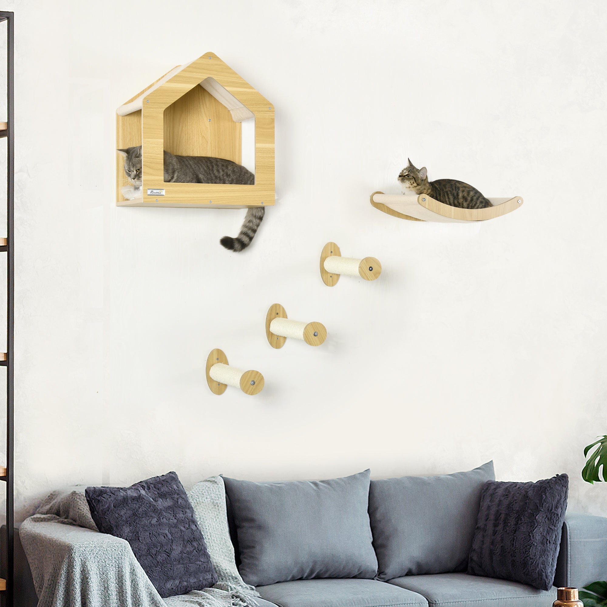 PawHut 5PCs Wall Mounted Cat Tree Cats Shelves, Cat Climbing Shelf Set, Kitten Activity Center with Condo Hammock Scratching Post, Oak