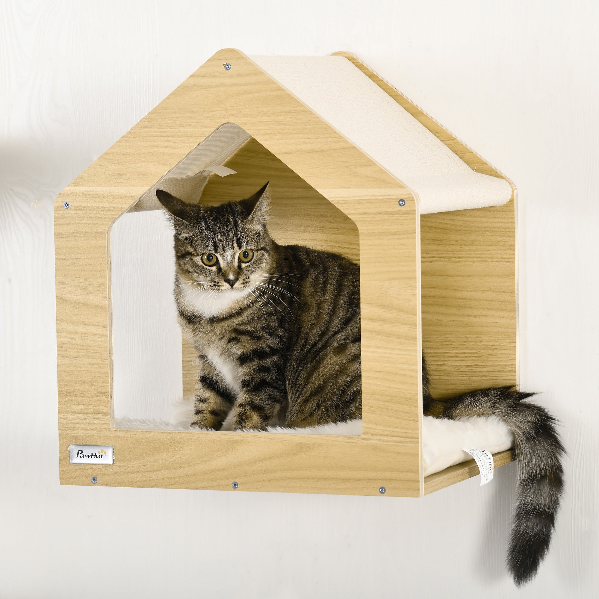 PawHut 5PCs Wall Mounted Cat Tree Cats Shelves, Cat Climbing Shelf Set, Kitten Activity Center with Condo Hammock Scratching Post, Oak