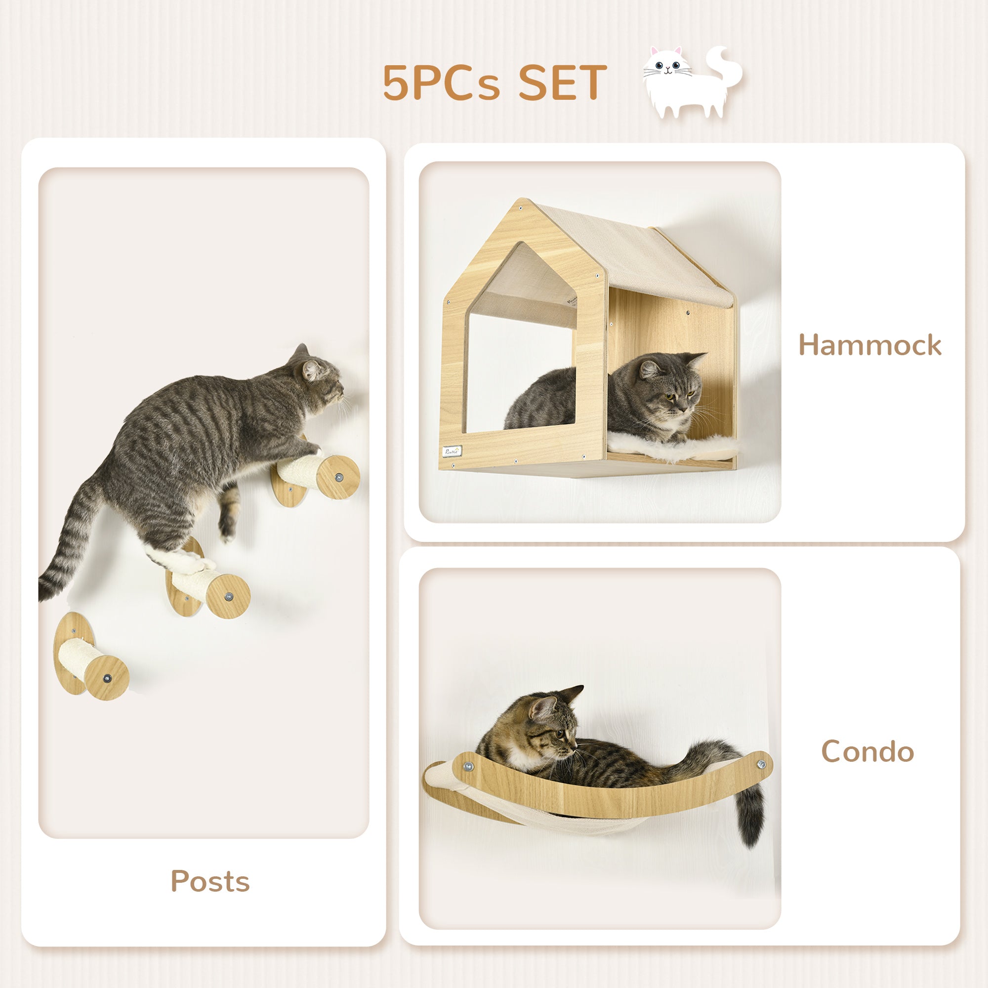 PawHut 5PCs Wall Mounted Cat Tree Cats Shelves, Cat Climbing Shelf Set, Kitten Activity Center with Condo Hammock Scratching Post, Oak